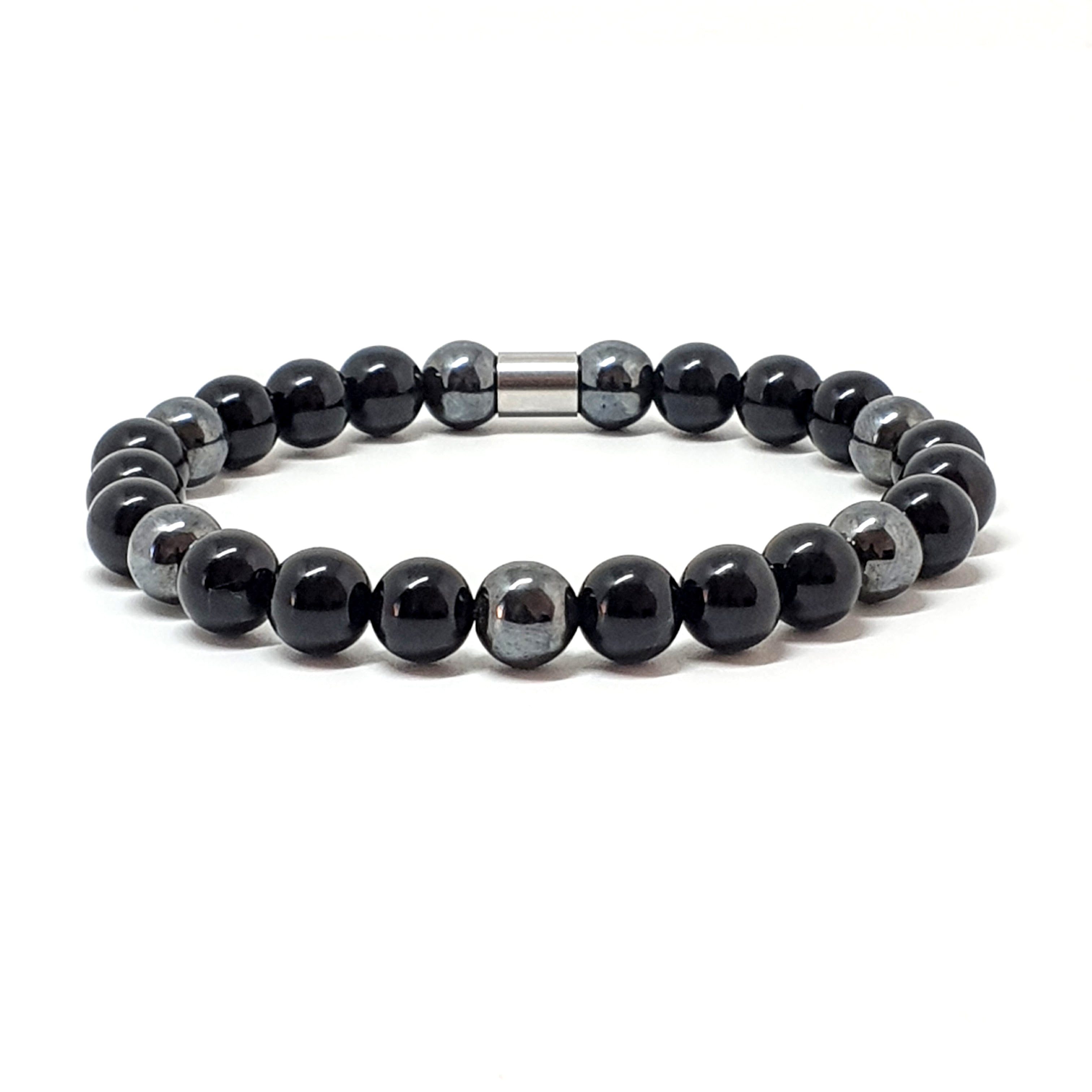 An onyx and hematite gemstone bracelet with stainless steel column bead