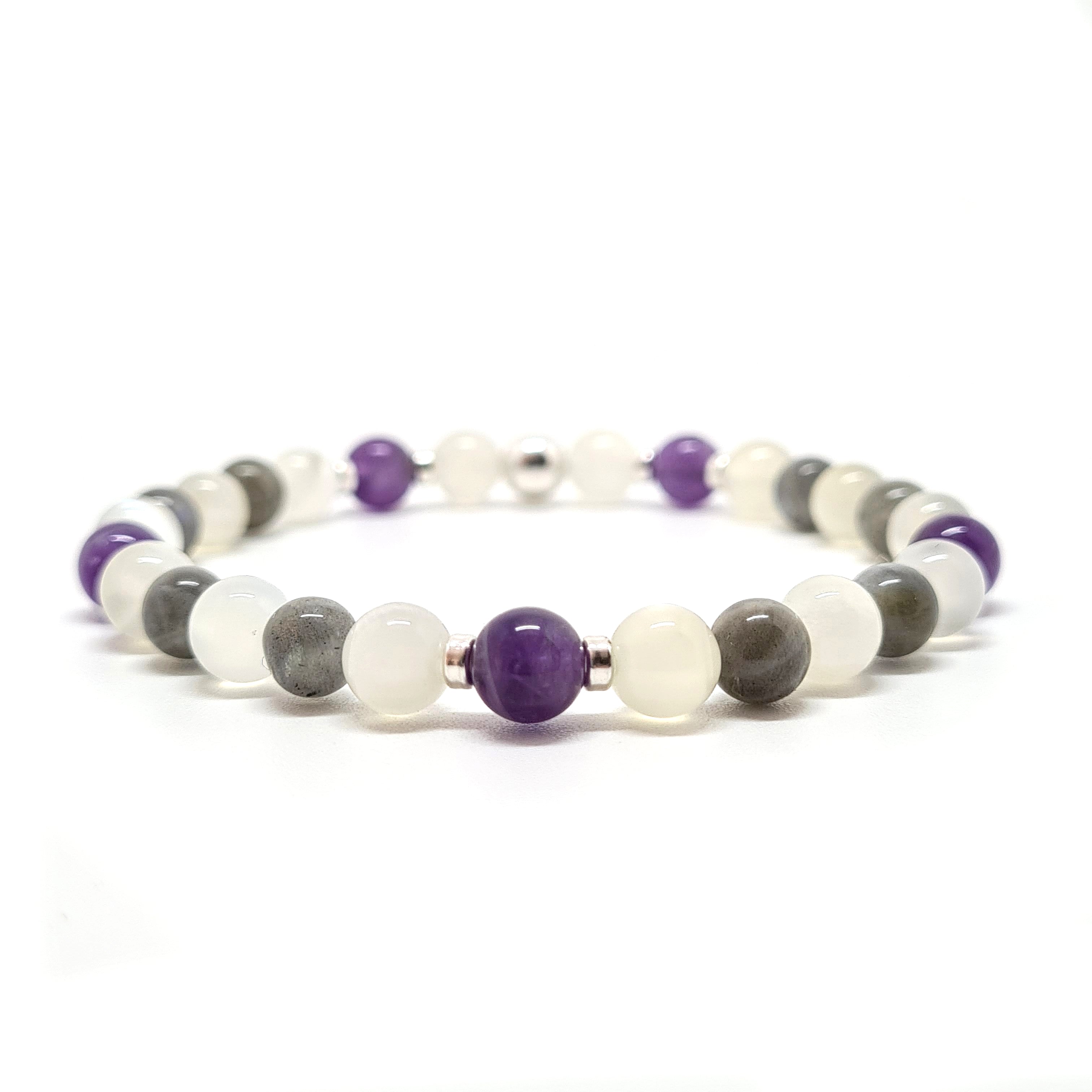 6mm Labradorite, Moonstone and amethyst gemstone bracelet with 925 Silver accessories 