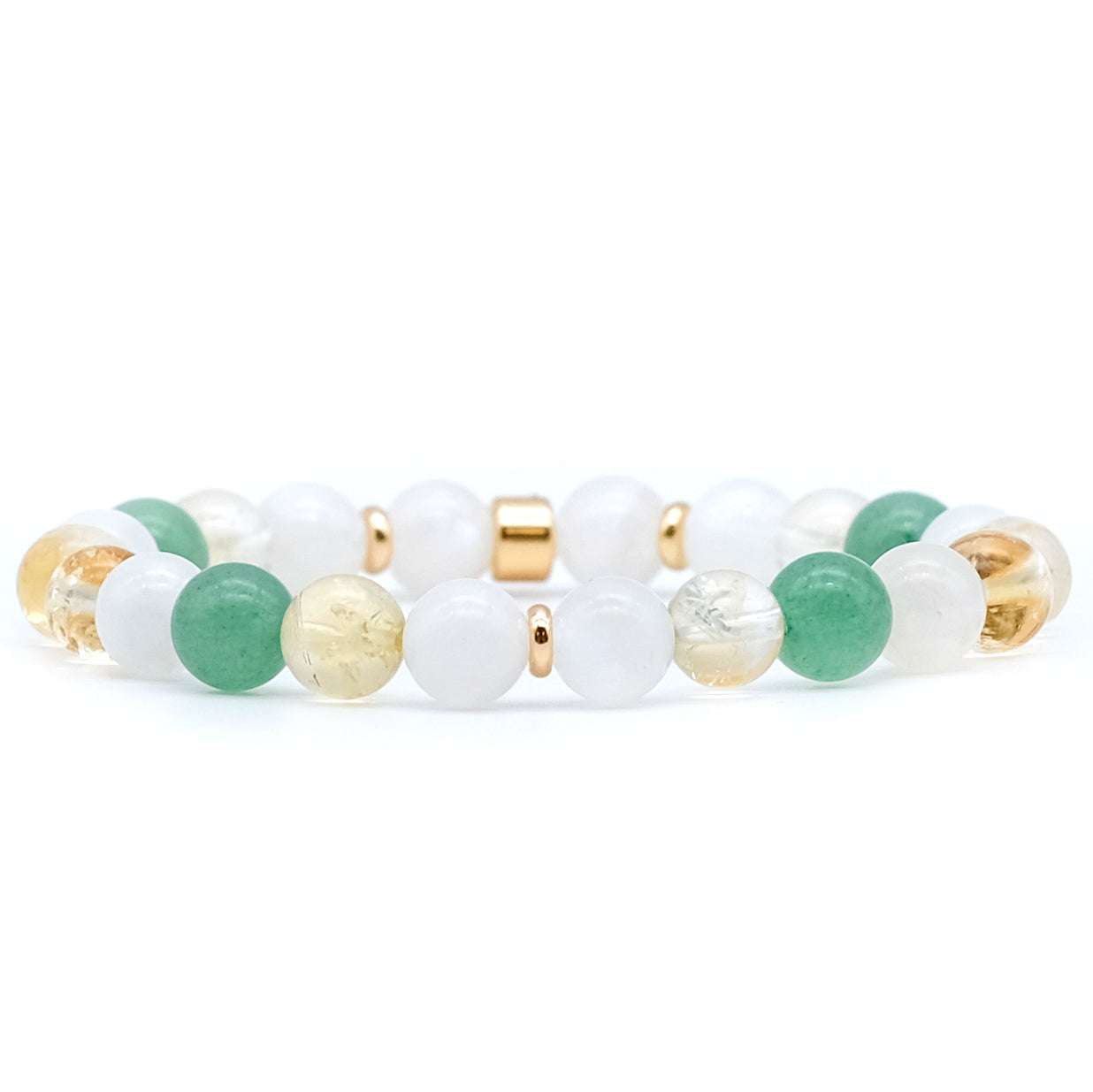 An aventurine, moonstone and citrine gemstone bracelet with gold accessories
