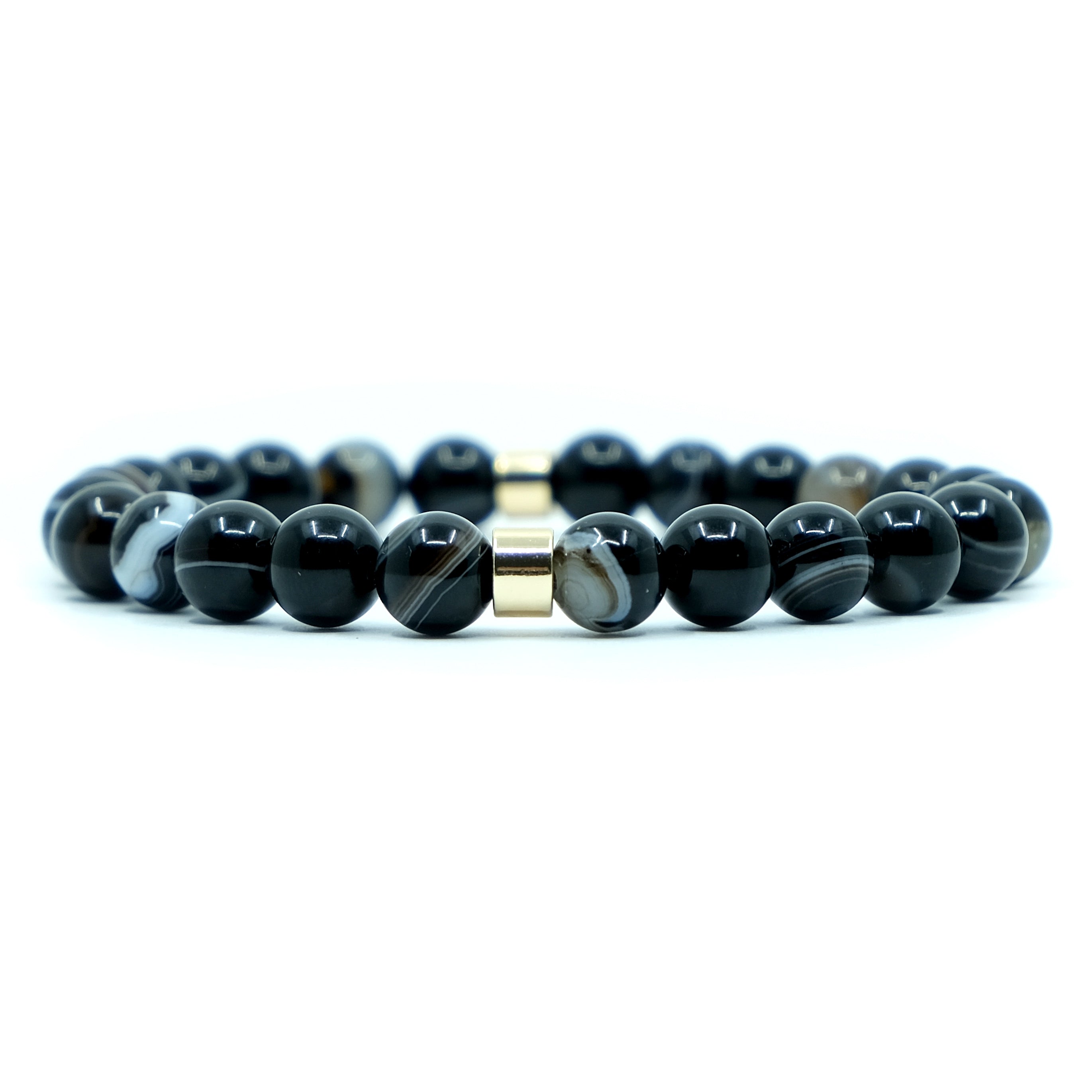 8mm black agate stretch bracelet with gold plated feature bead