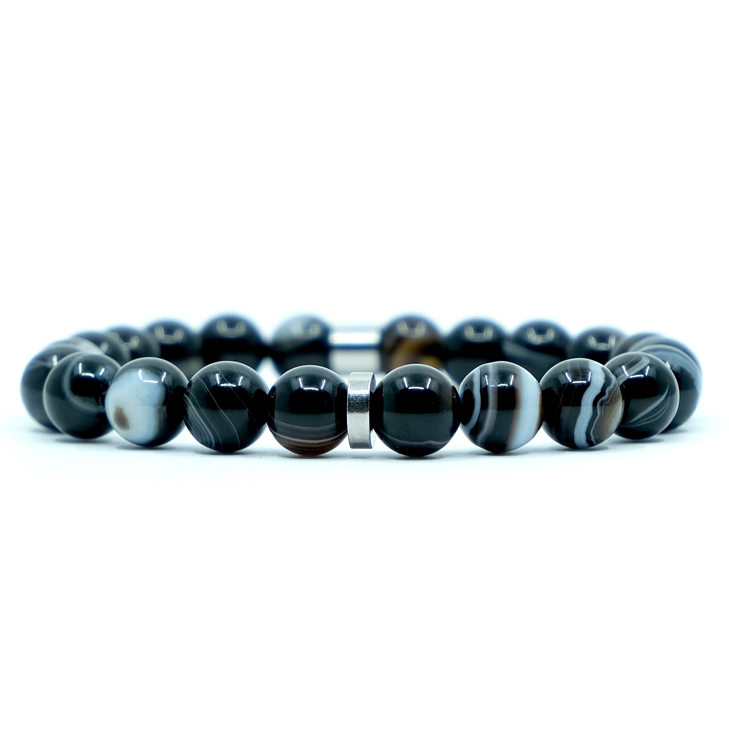 8mm black agate gemstones with stainless steel feature bead