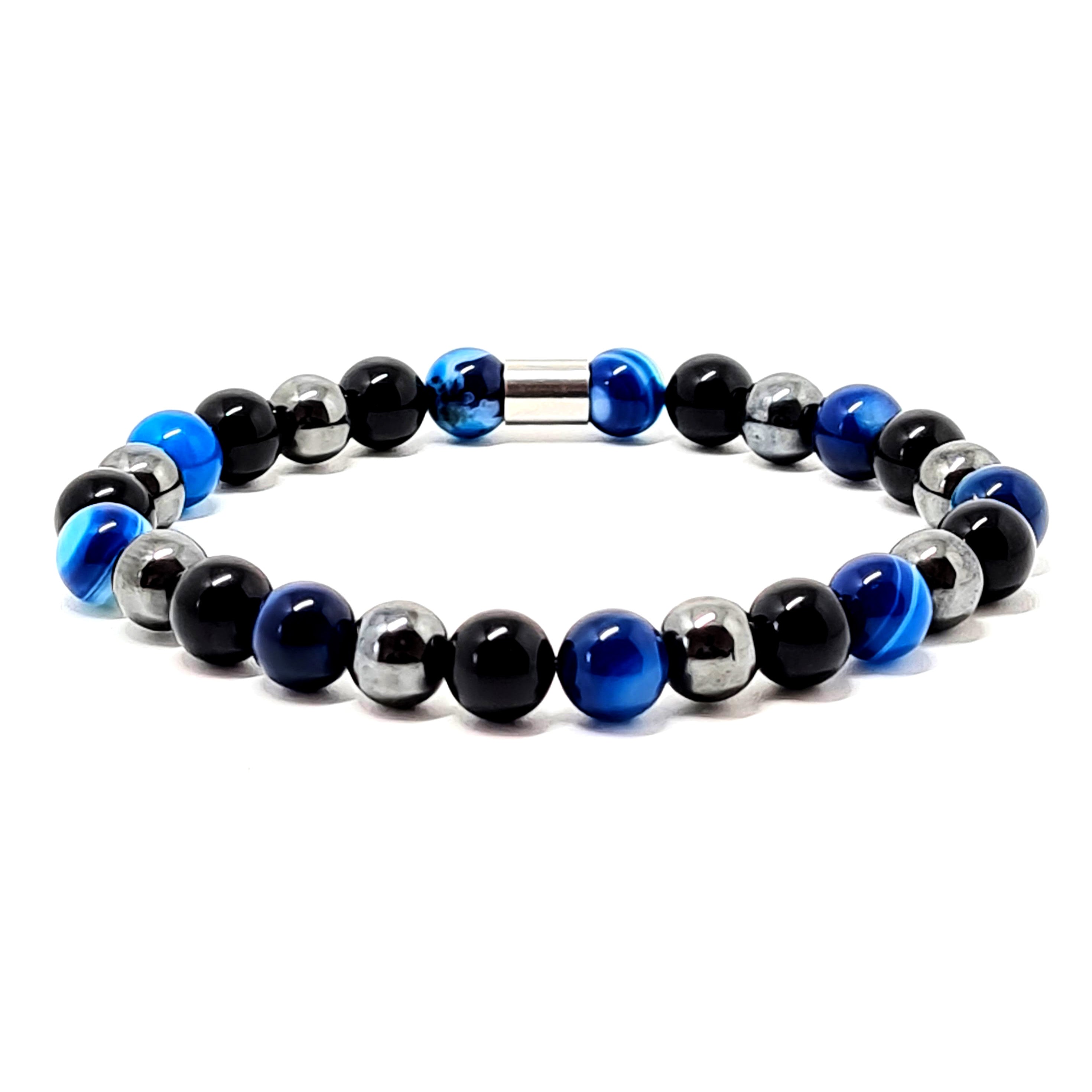 Blue Agate Hematite and Onyx Energy Gemstone Bracelet