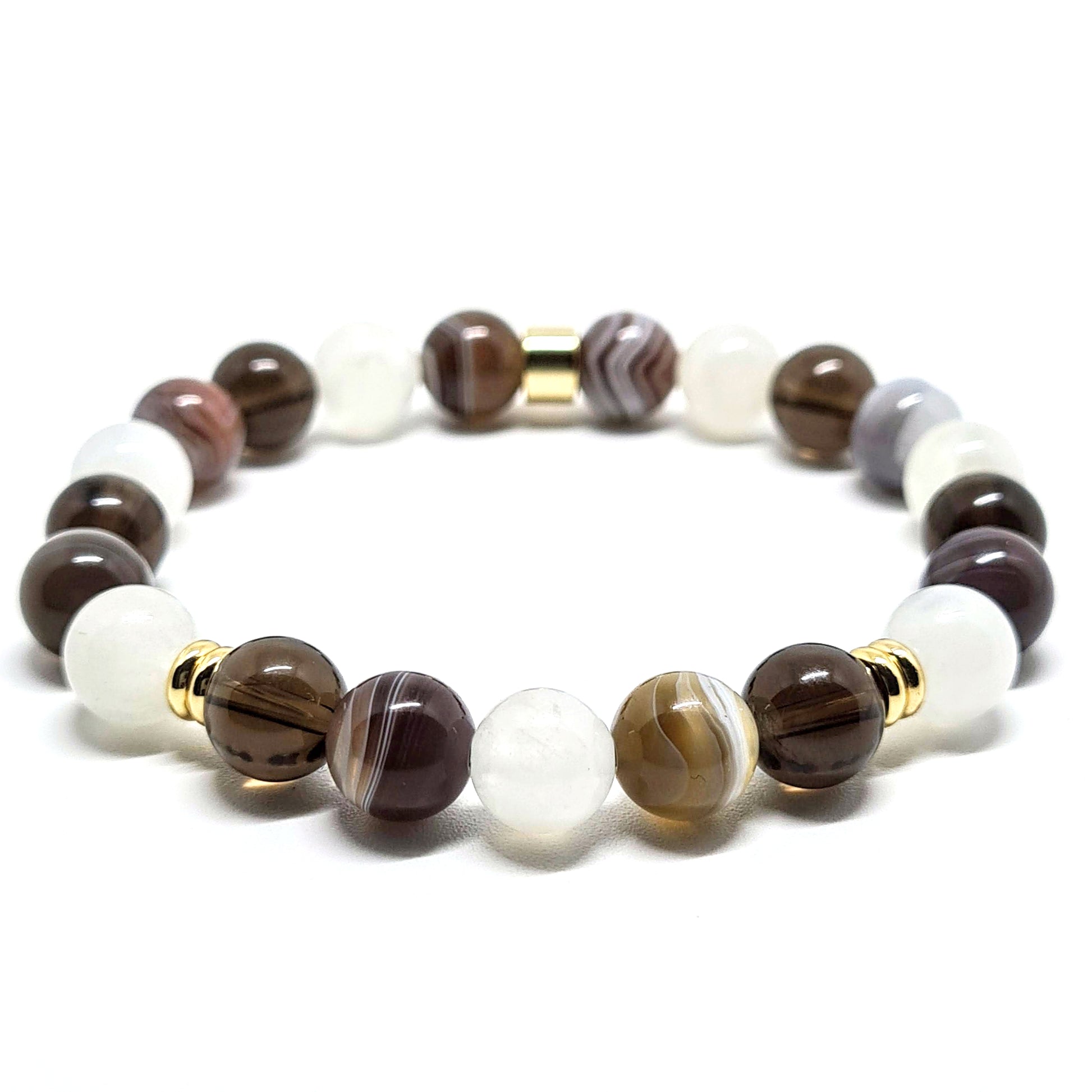 Botswana Agate, Smoky quartz and Moonstone gemstone bracelet with gold accessories