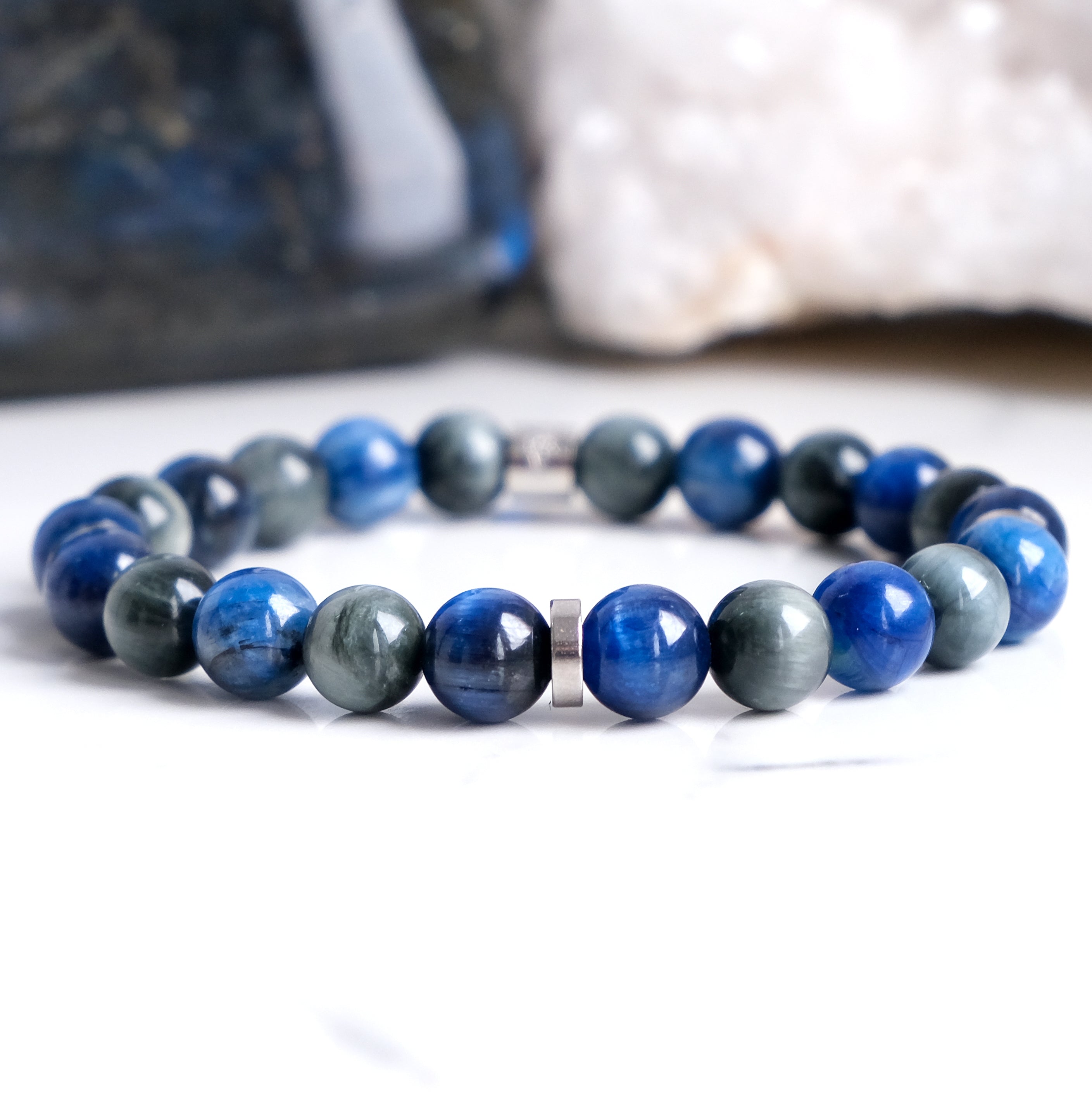 Kyanite and eagle eye gemstone bracelet with stainless steel accessories