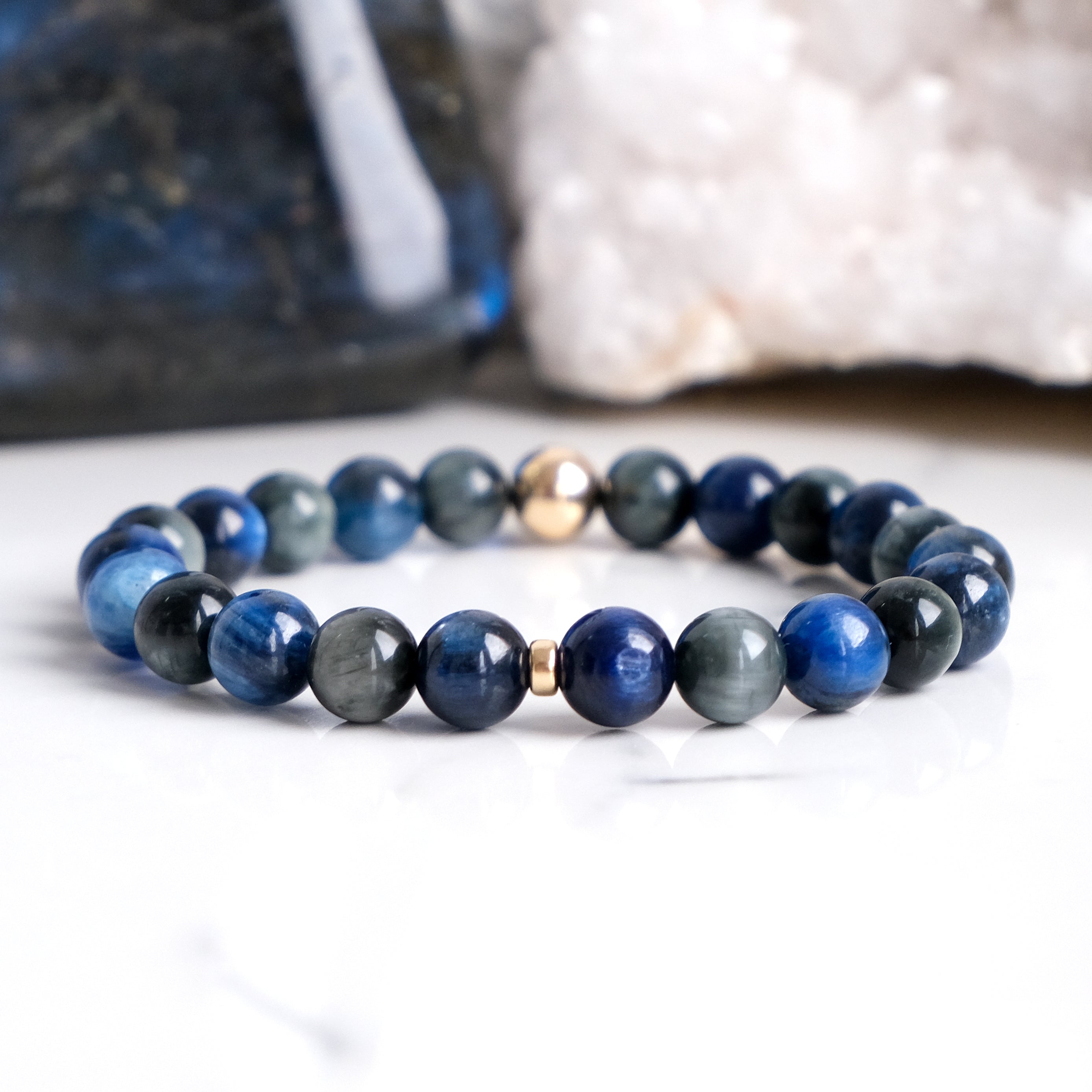 Kyanite and eagle eye gemstone bracelet with gold filled accessories