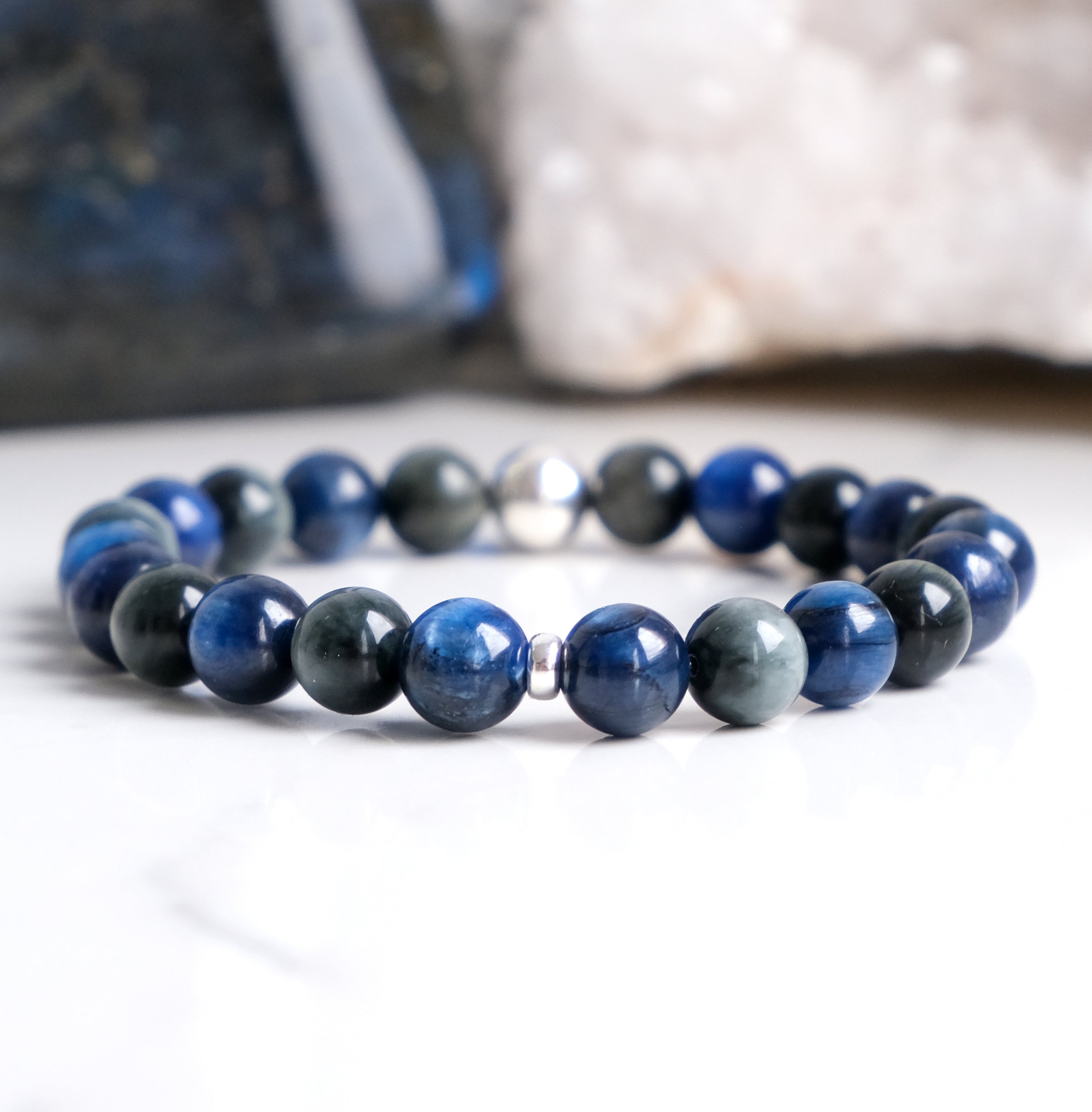 Kyanite and eagle eye gemstone bracelet with silver accessories