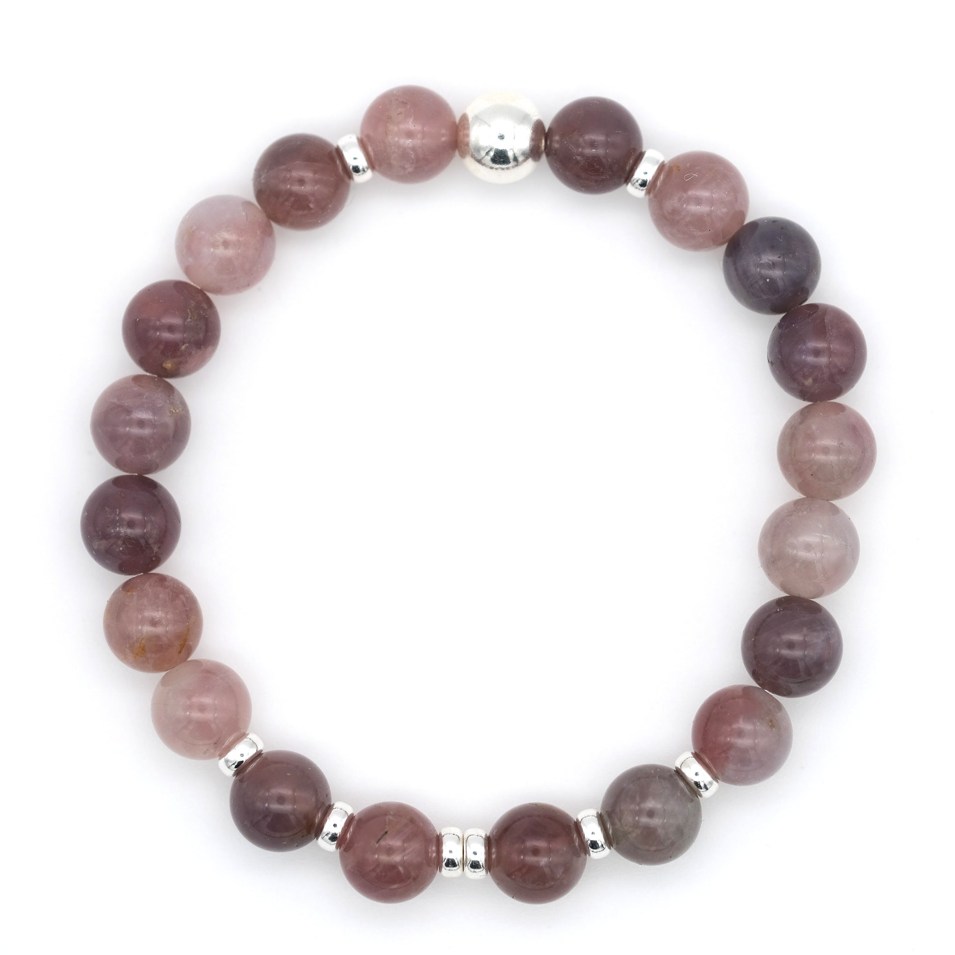 Lavender rose quartz gemstone bracelet with silver accessories from above