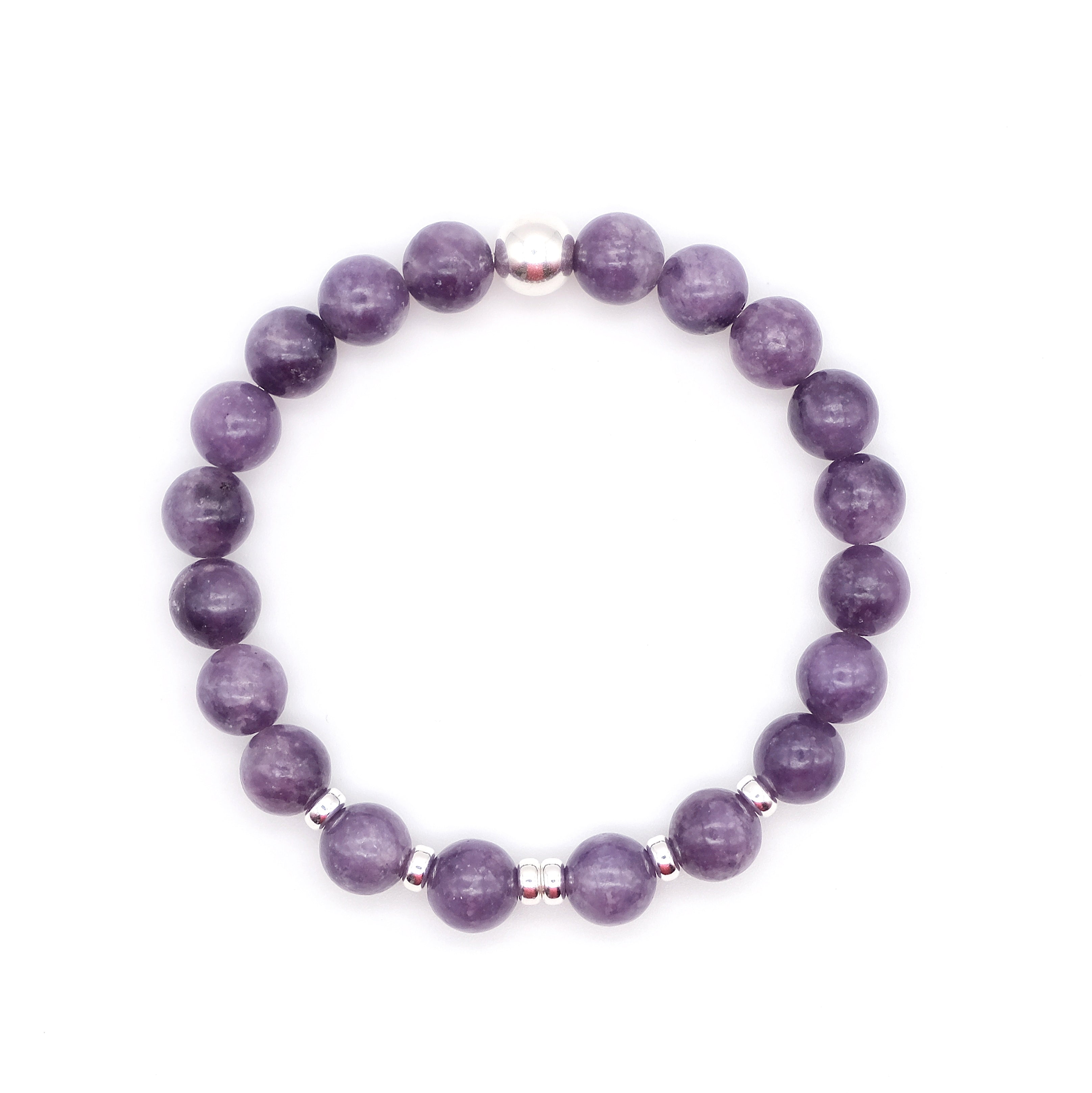 A lepidolite gemstone bracelet with silver accessories from above