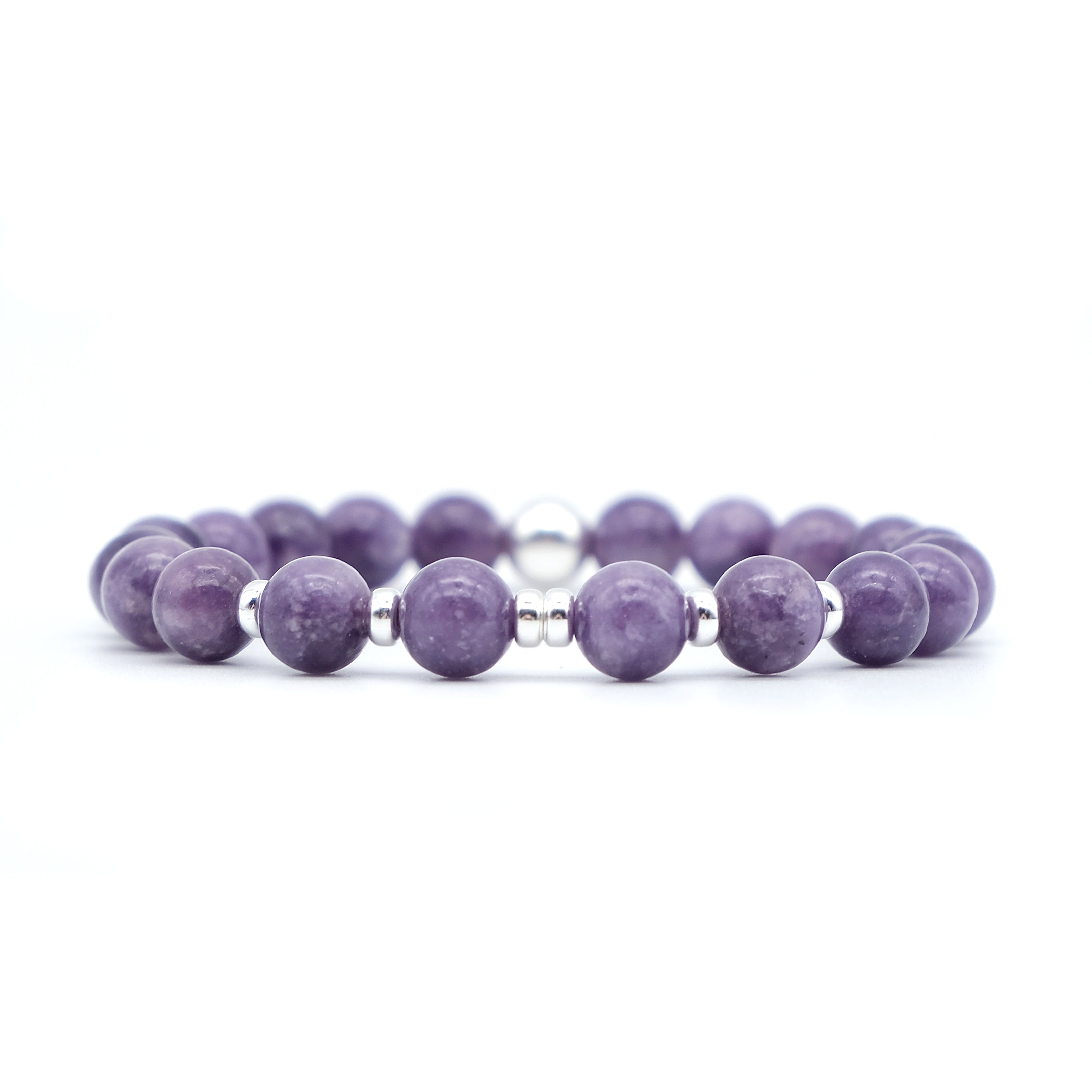 A lepidolite gemstone bracelet with silver accessories