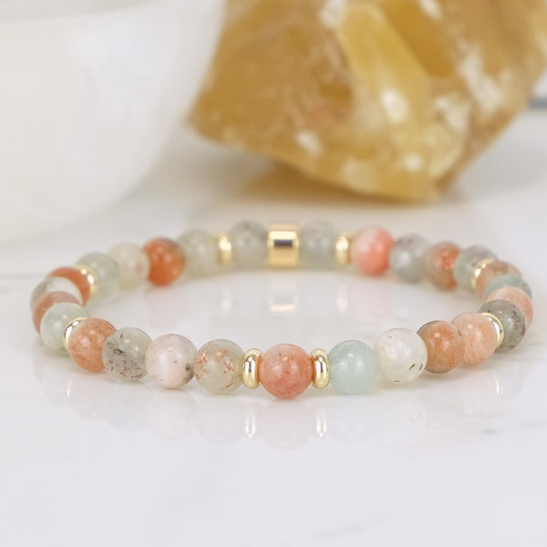 Arusha sunstone gemstone bracelet in 6mm with 18ct gold plated accessories