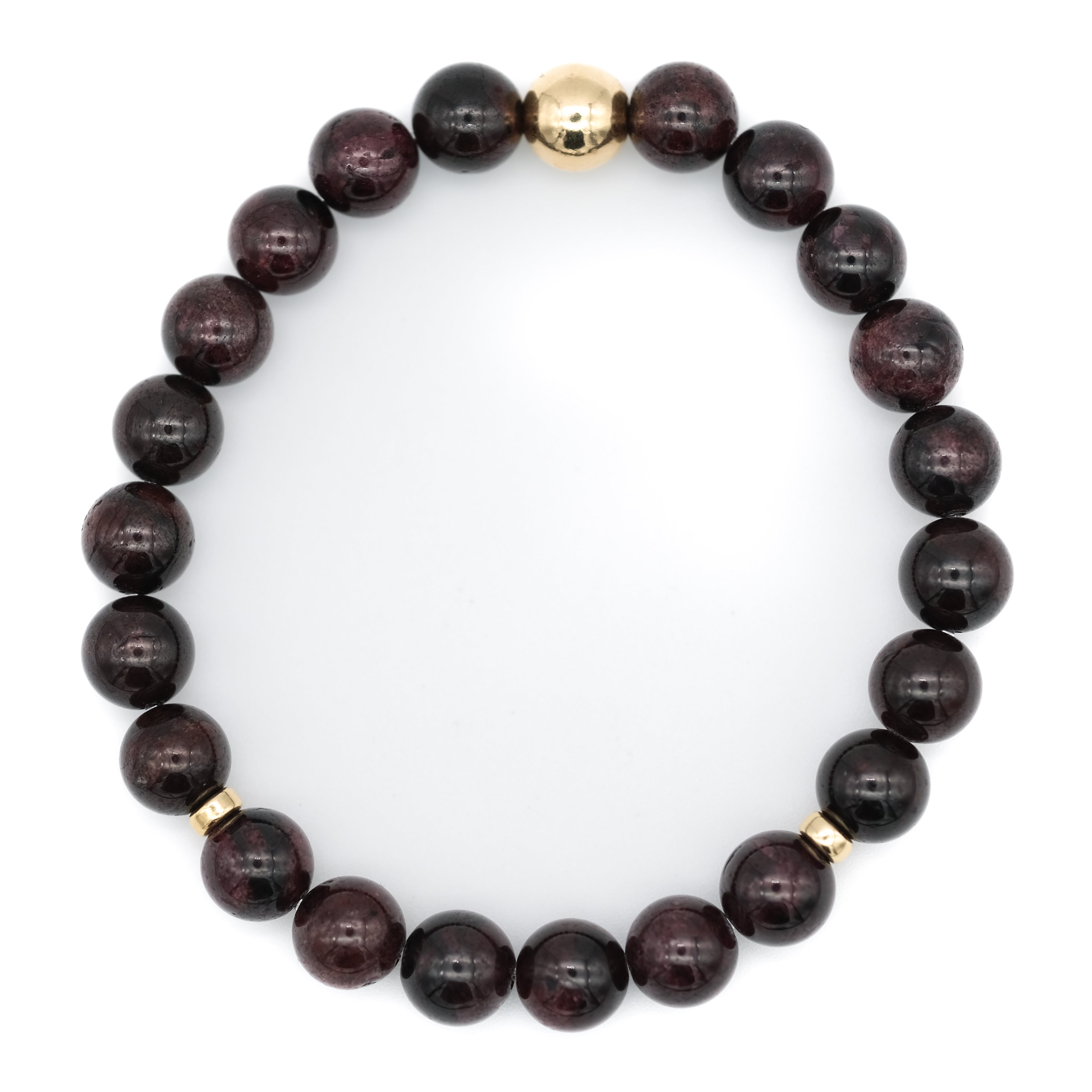 above image of garnet gemstone bracelet with gold filled ball and two gold filled spacers