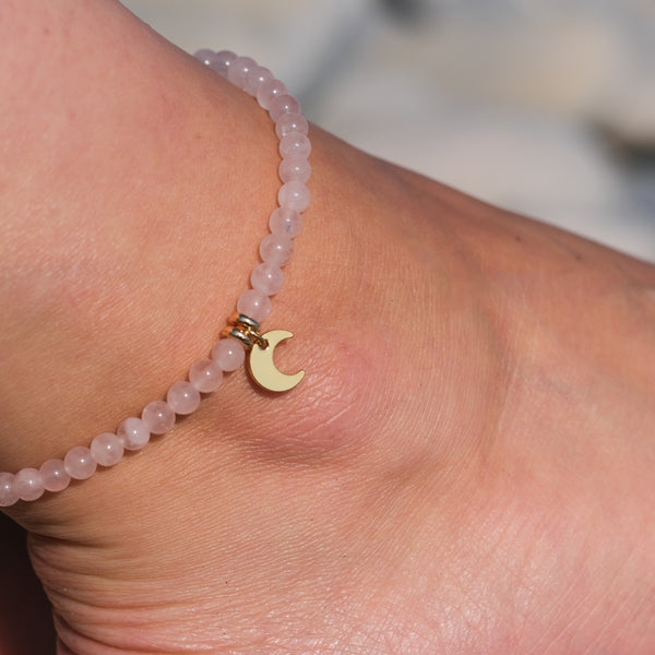 Rose Quartz crystal anklet with 18ct gold moon charm