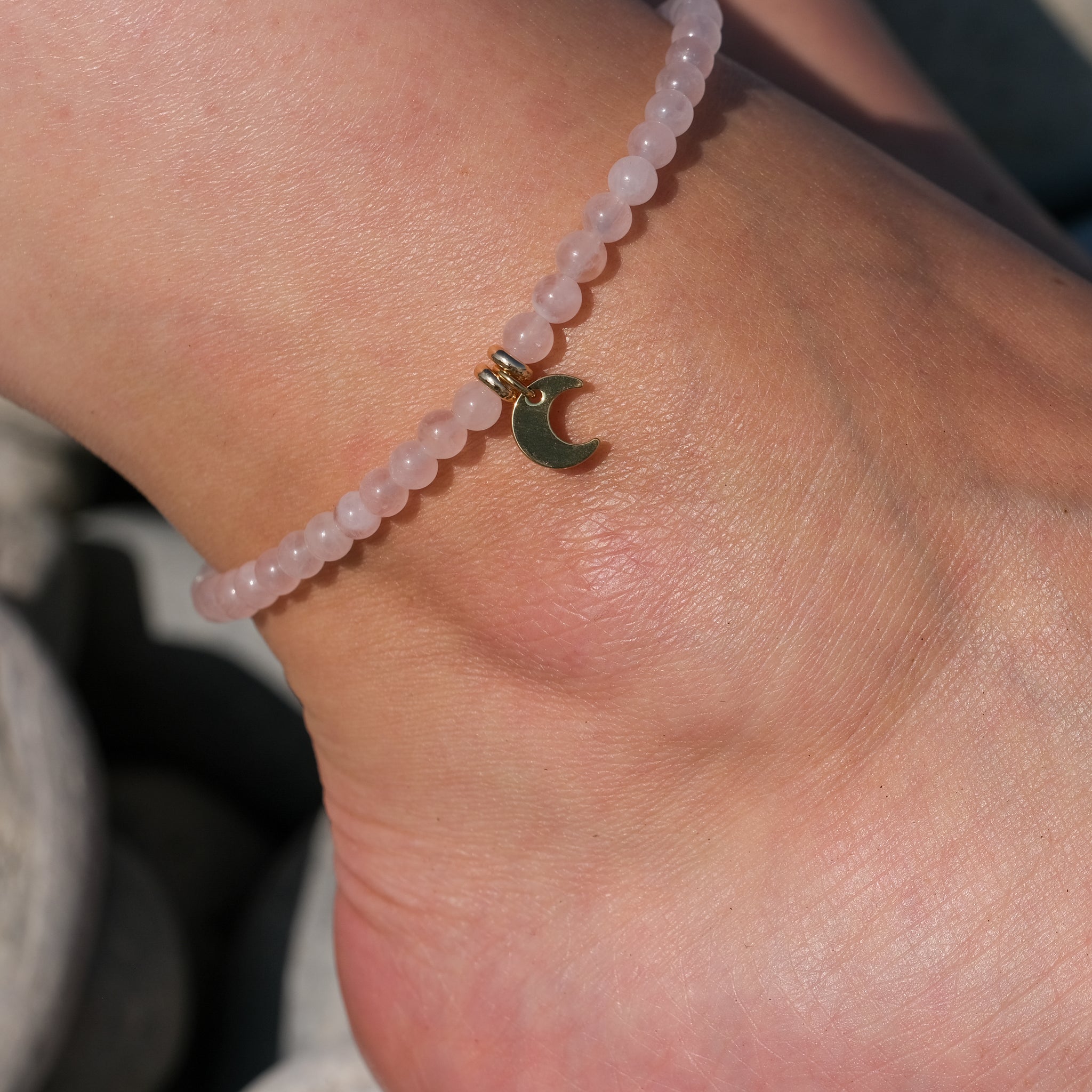 Rose Quartz crystal anklet with 18ct gold moon charm