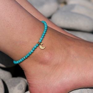 Turquoise crystal anklet with 18ct gold moon charm
