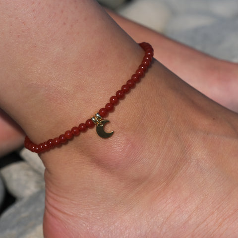 Carnelian crystal anklet with 18ct gold plated moon charm