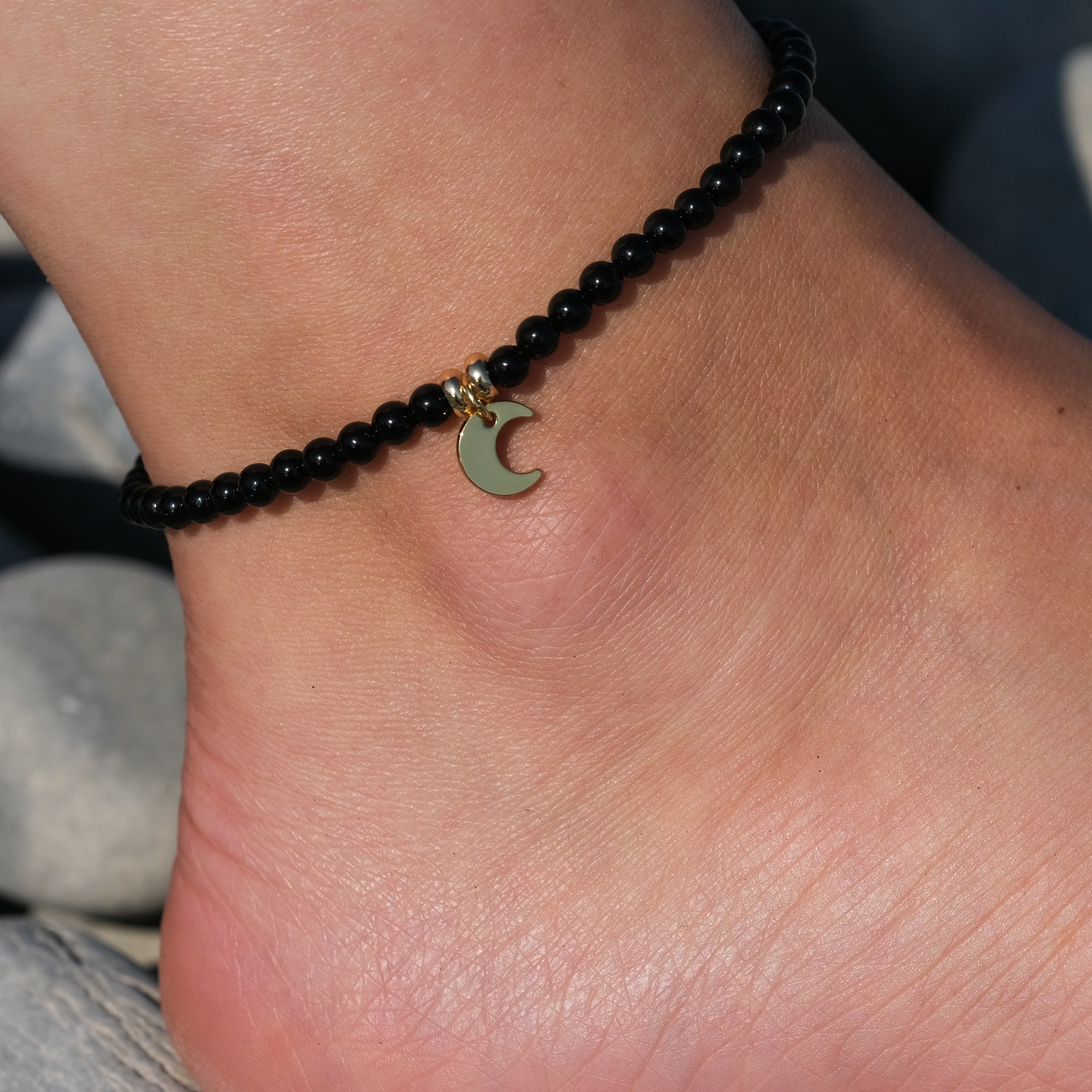 Black onyx crystal anklet with 18ct gold plated moon charm