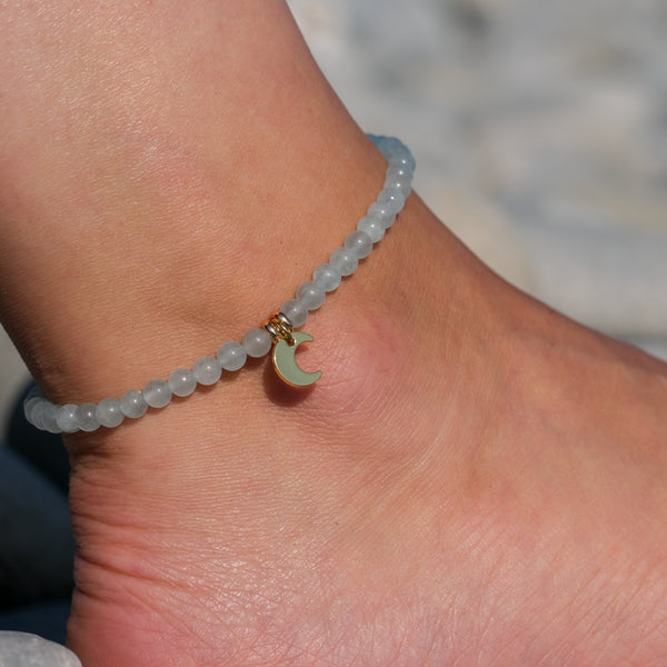 Aquamarine crystal anklet with 18ct gold plated moon charm
