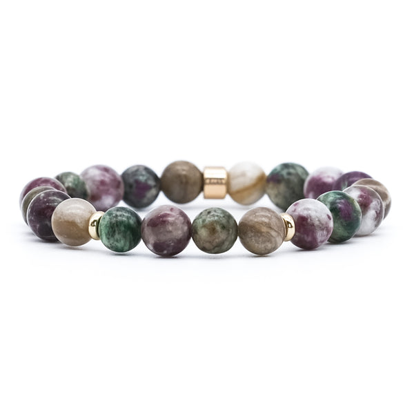 Tourmaline, silver leaf and green lepidolite gemstone bracelet with gold filled accessories