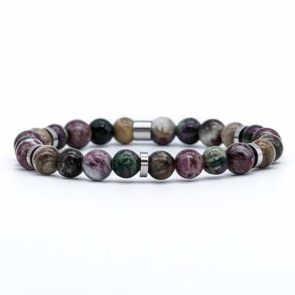 Tourmaline, silver leaf and green lepidolite gemstone bracelet with stainless steel accessories