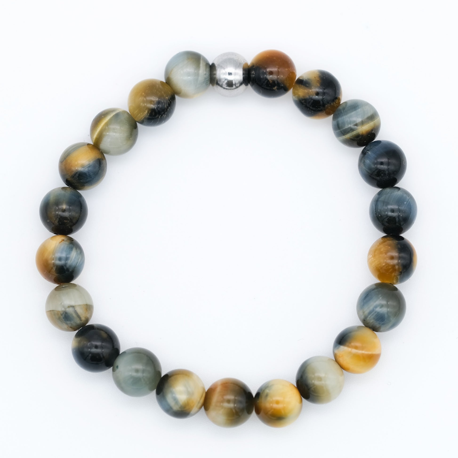 Blue Blonde Tiger Eye Bead Bracelet For Men Or Women - 10mm Round Gemstone Stretch Bracelet, 7 Inch