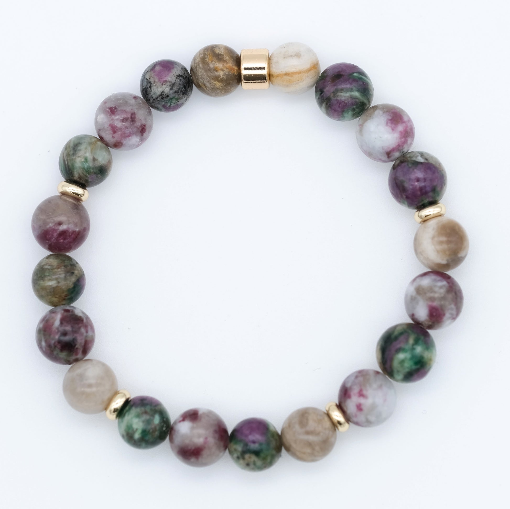Tourmaline, silver leaf and green lepidolite gemstone bracelet with gold filled accessories from above