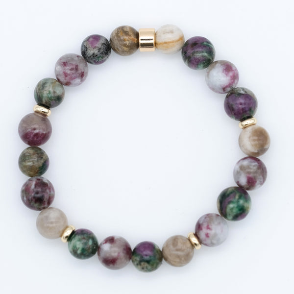 Tourmaline, silver leaf and green lepidolite gemstone bracelet with gold filled accessories from above