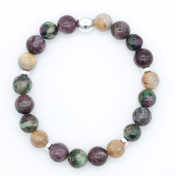 Tourmaline, silver leaf and green lepidolite gemstone bracelet with 925 sterling silver accessories from above