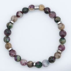 Tourmaline, silver leaf and green lepidolite gemstone bracelet with stainless steel accessories from above