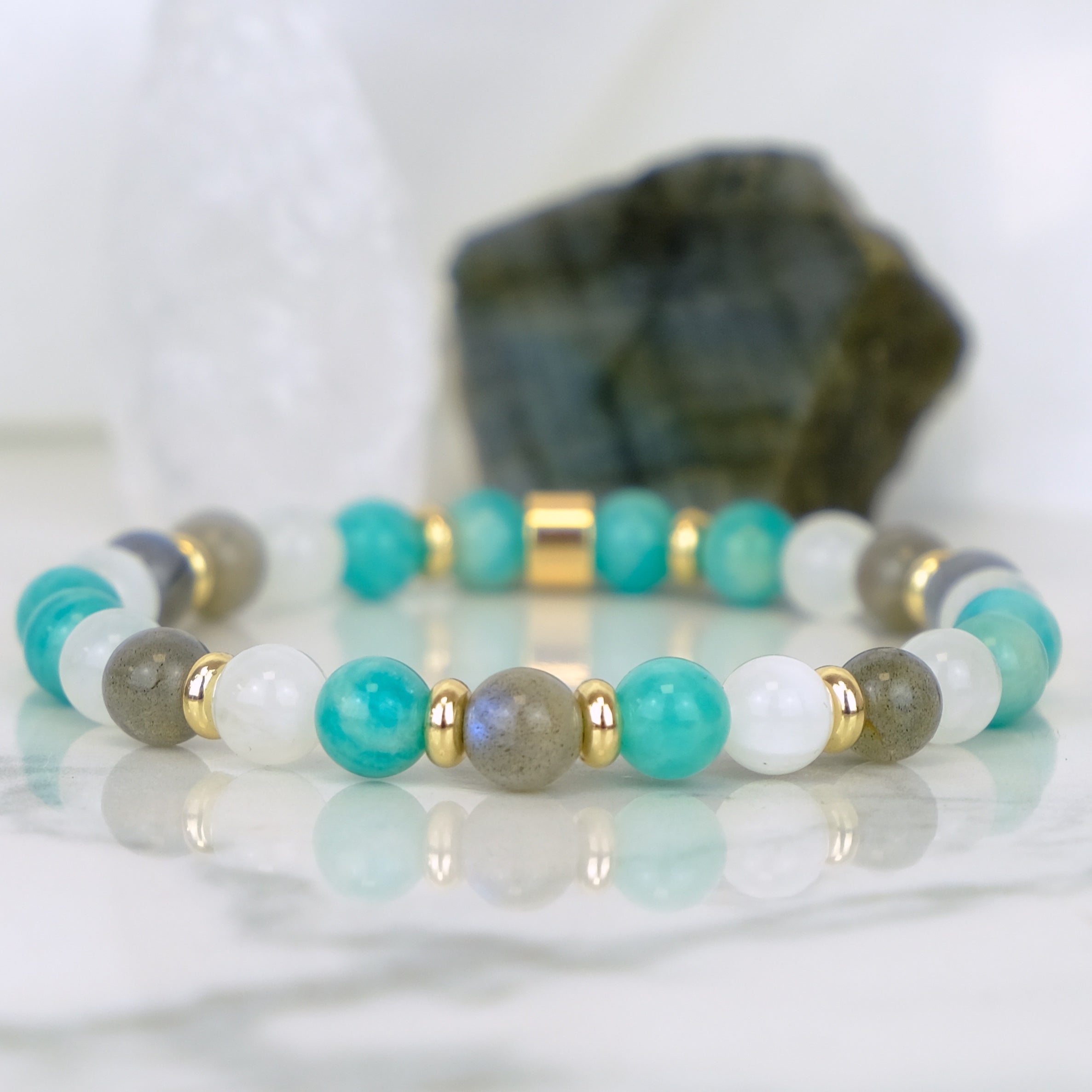 Moonstone, Labradorite and Amazonite bracelet with gold accents 