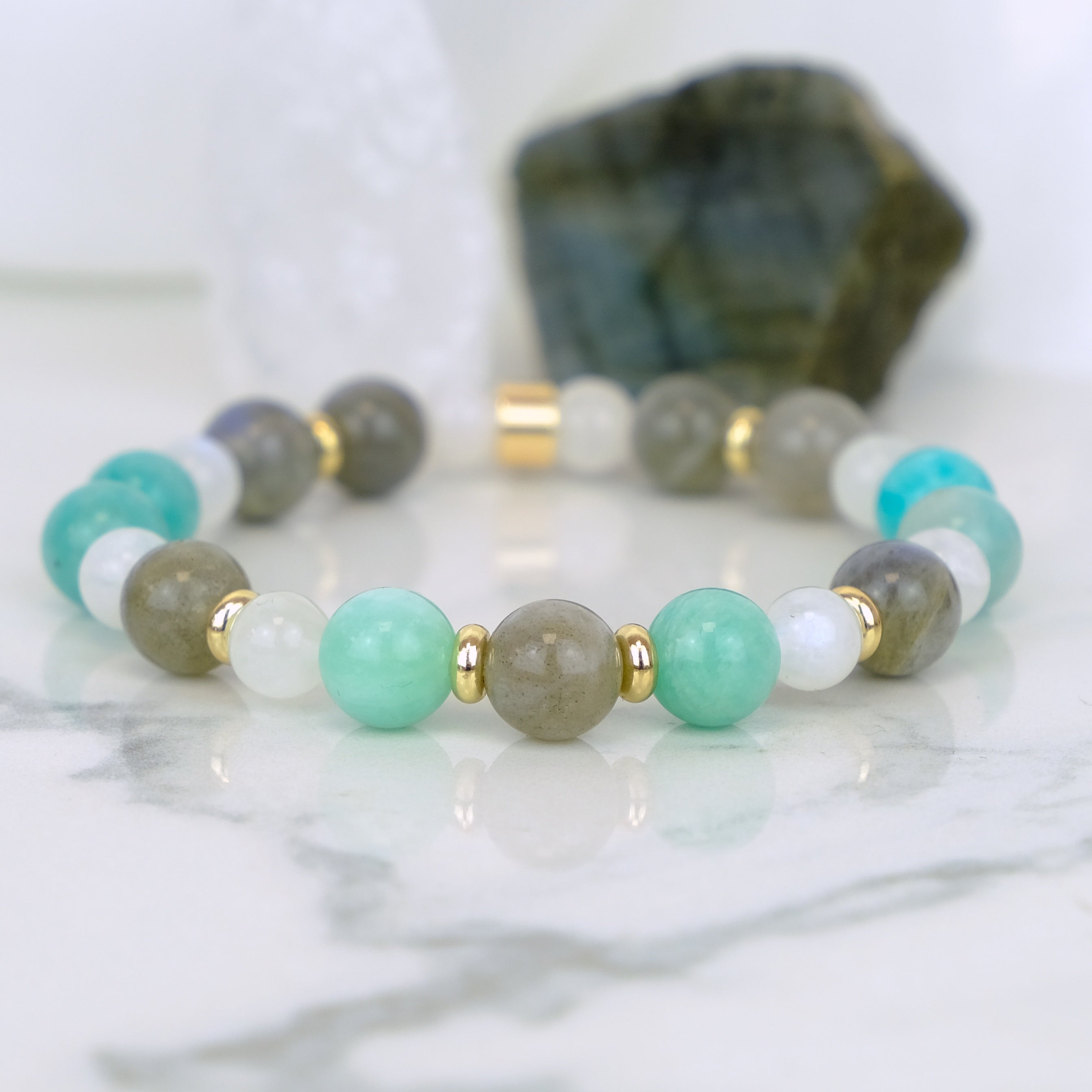 Moonstone, Labradorite and Amazonite bracelet with gold accents