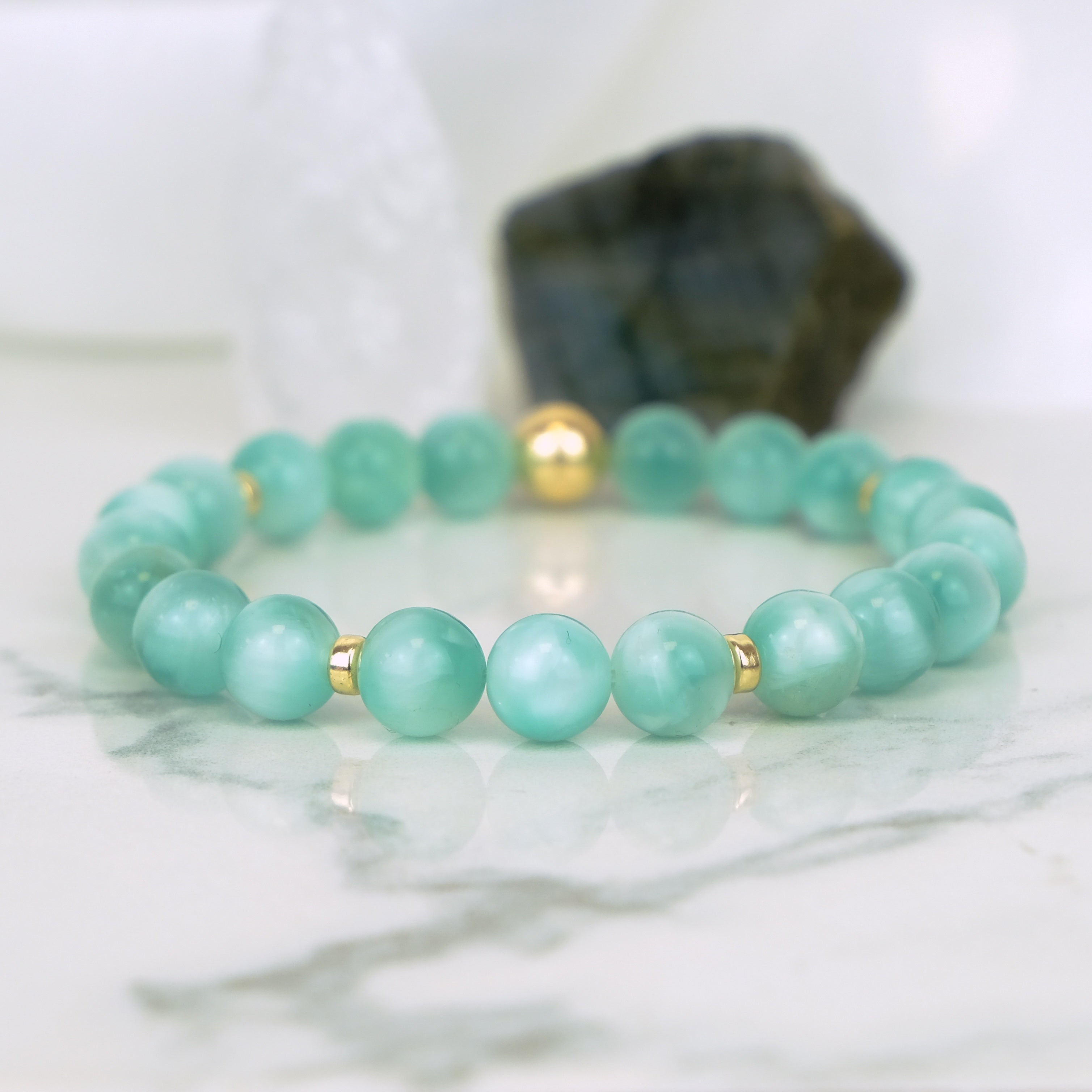 Green Moonstone gemstone bracelet with gold accents