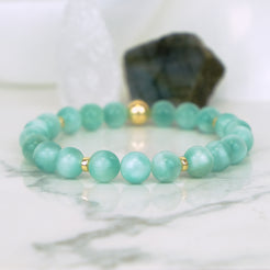 Green Moonstone gemstone bracelet with gold accents