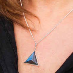 A model wearing a Labradorite triangle pendant necklace with 925 silver chain 
