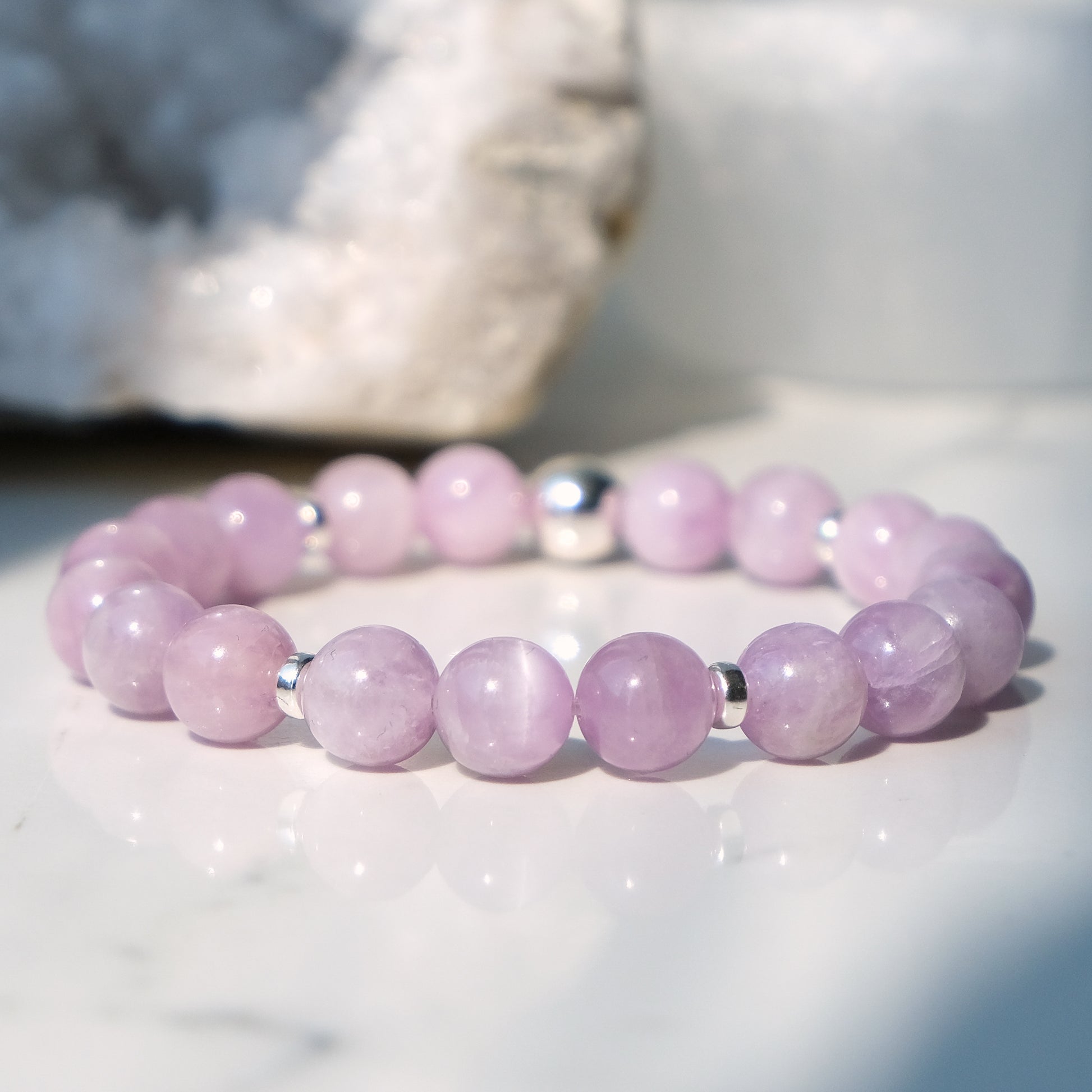 AAA grade kunzite 8mm  beaded bracelet with silver accessories