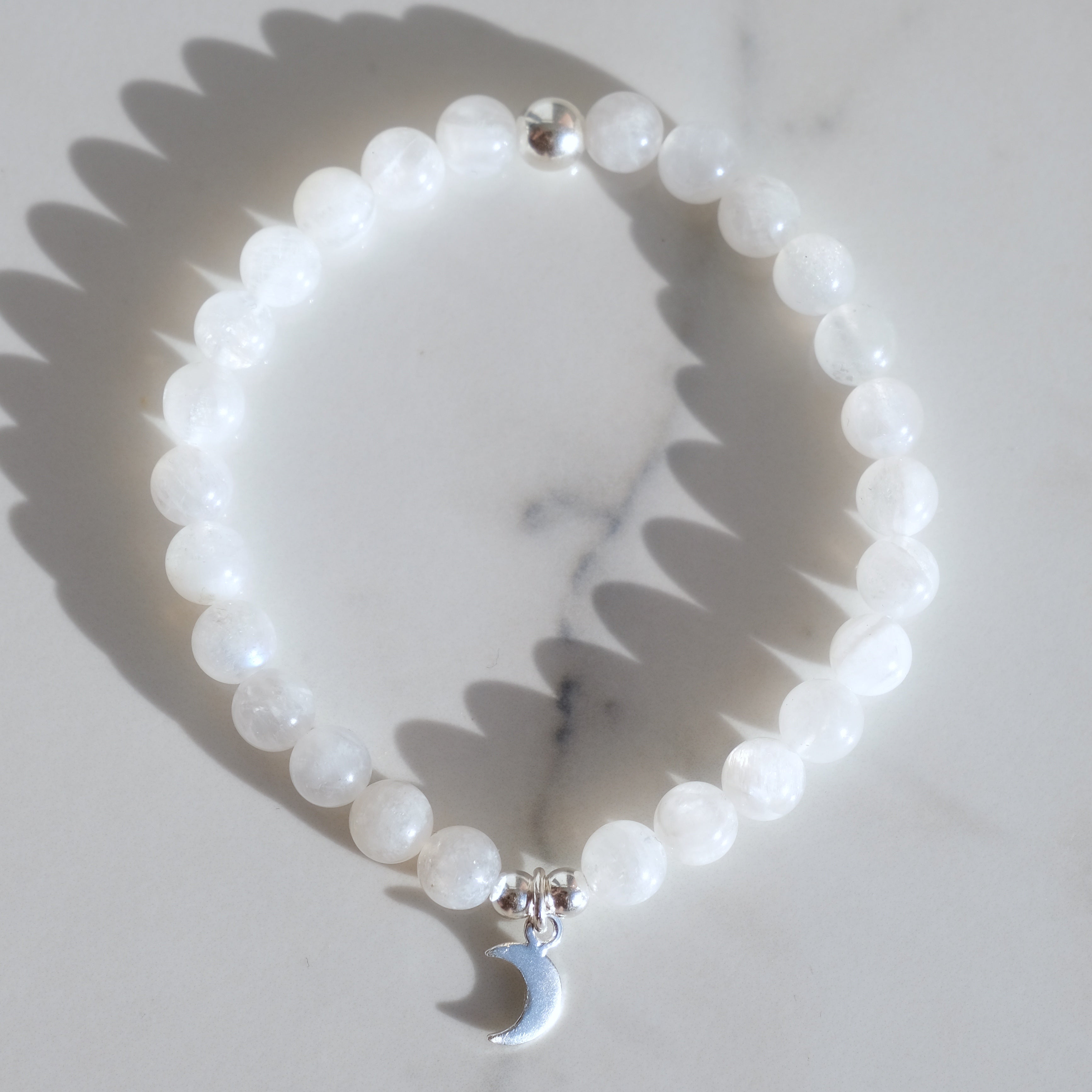 6mm moonstone gemstone bracelet with silver moon charm
