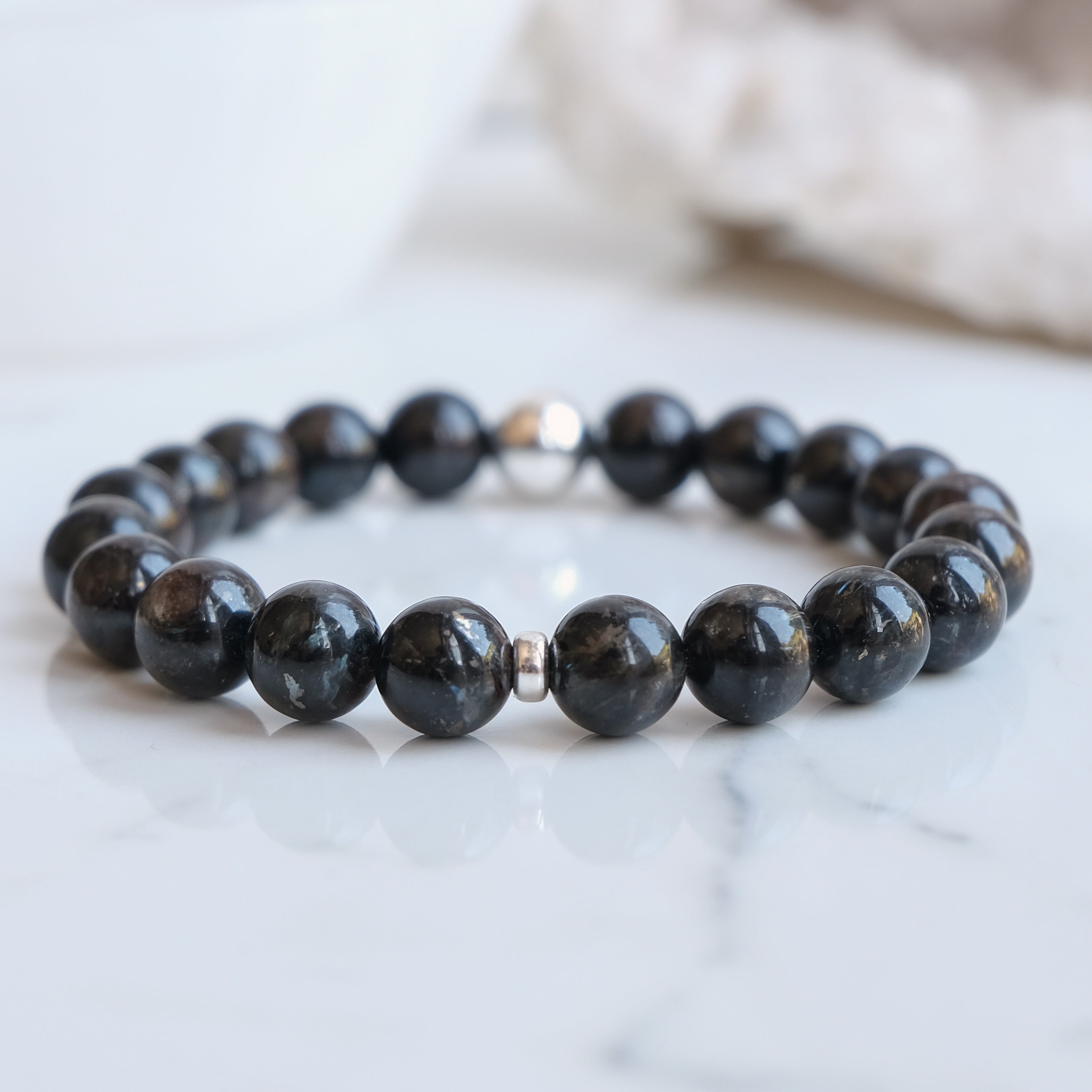 Arfvedsonite crystal bracelet with silver accessories