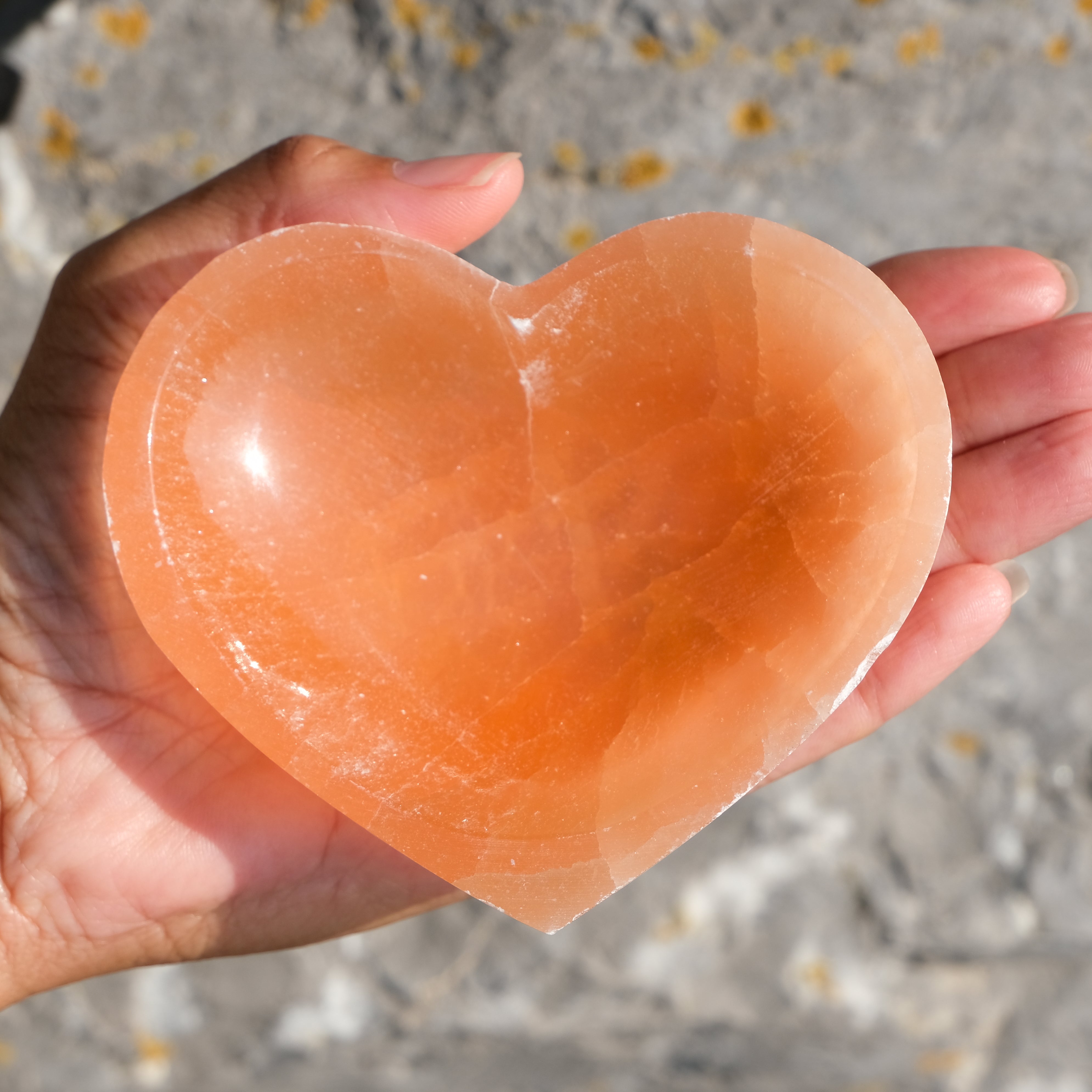Peach heart shaped selenite crystal charging bowl