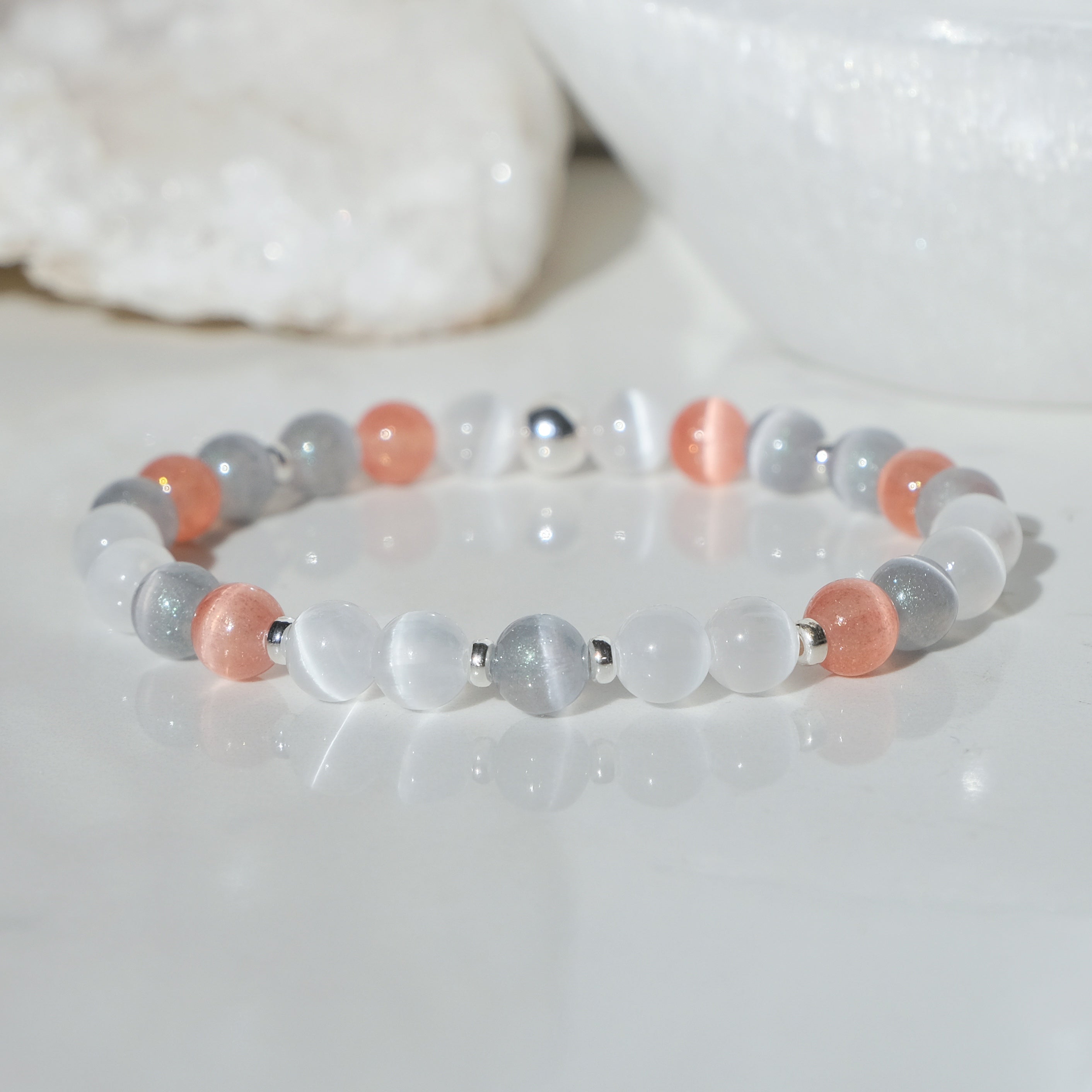Selenite purity bracelet with silver accessories