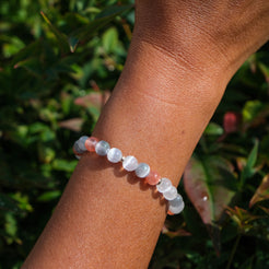Purity selenite gemstone bracelet on a model's wrist