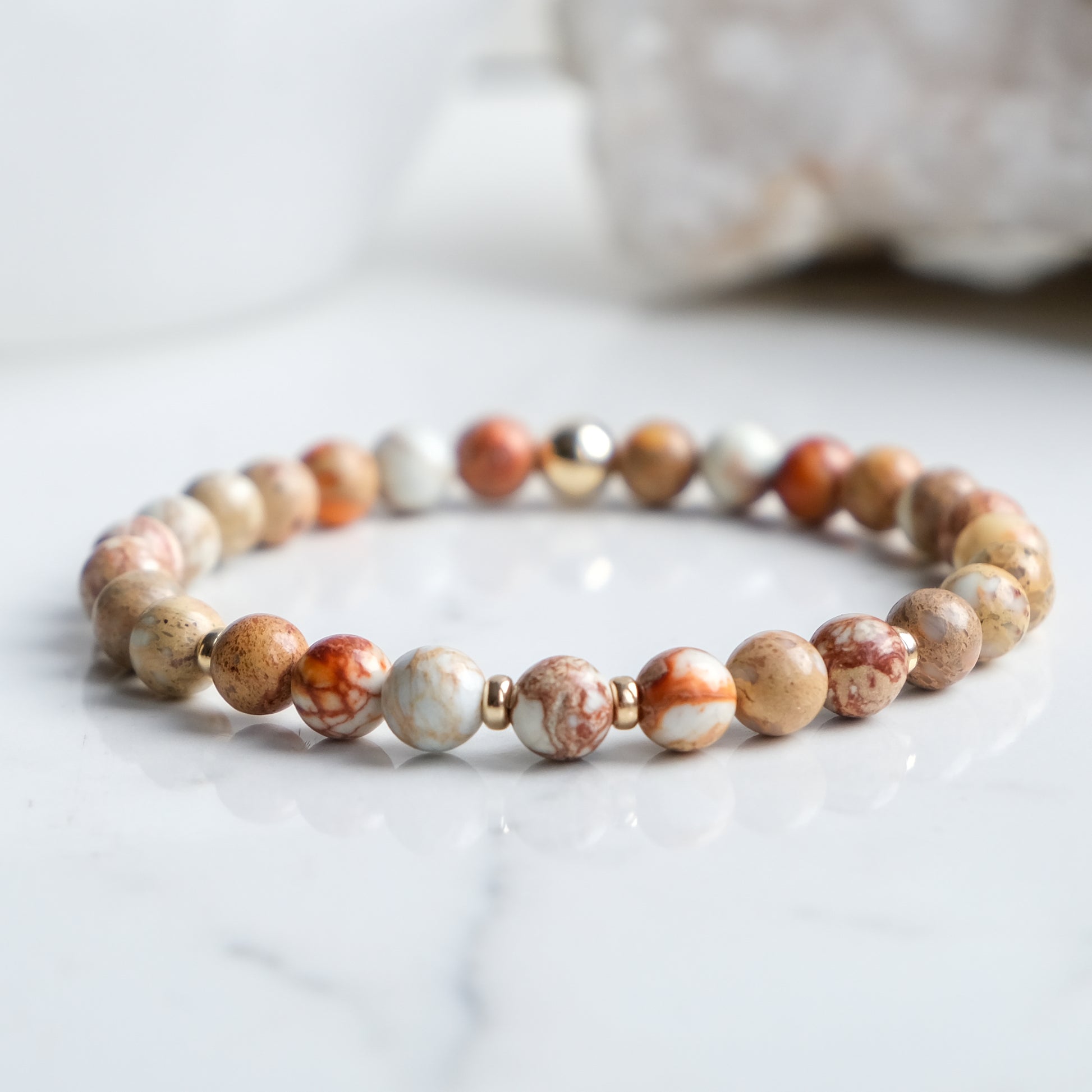 6mm Imperial Jasper gemstone bracelet with gold accessories