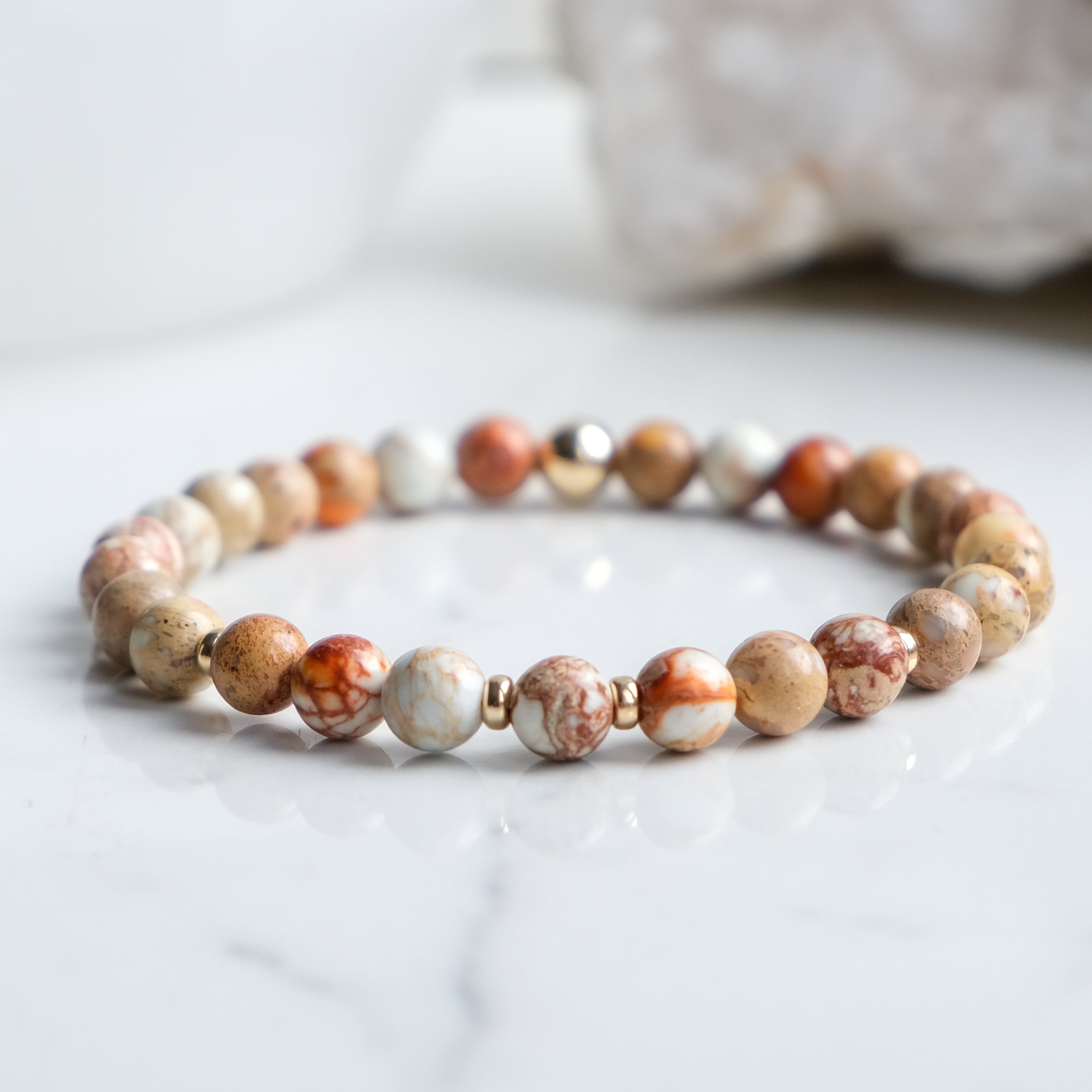 6mm Imperial Jasper gemstone bracelet with gold accessories