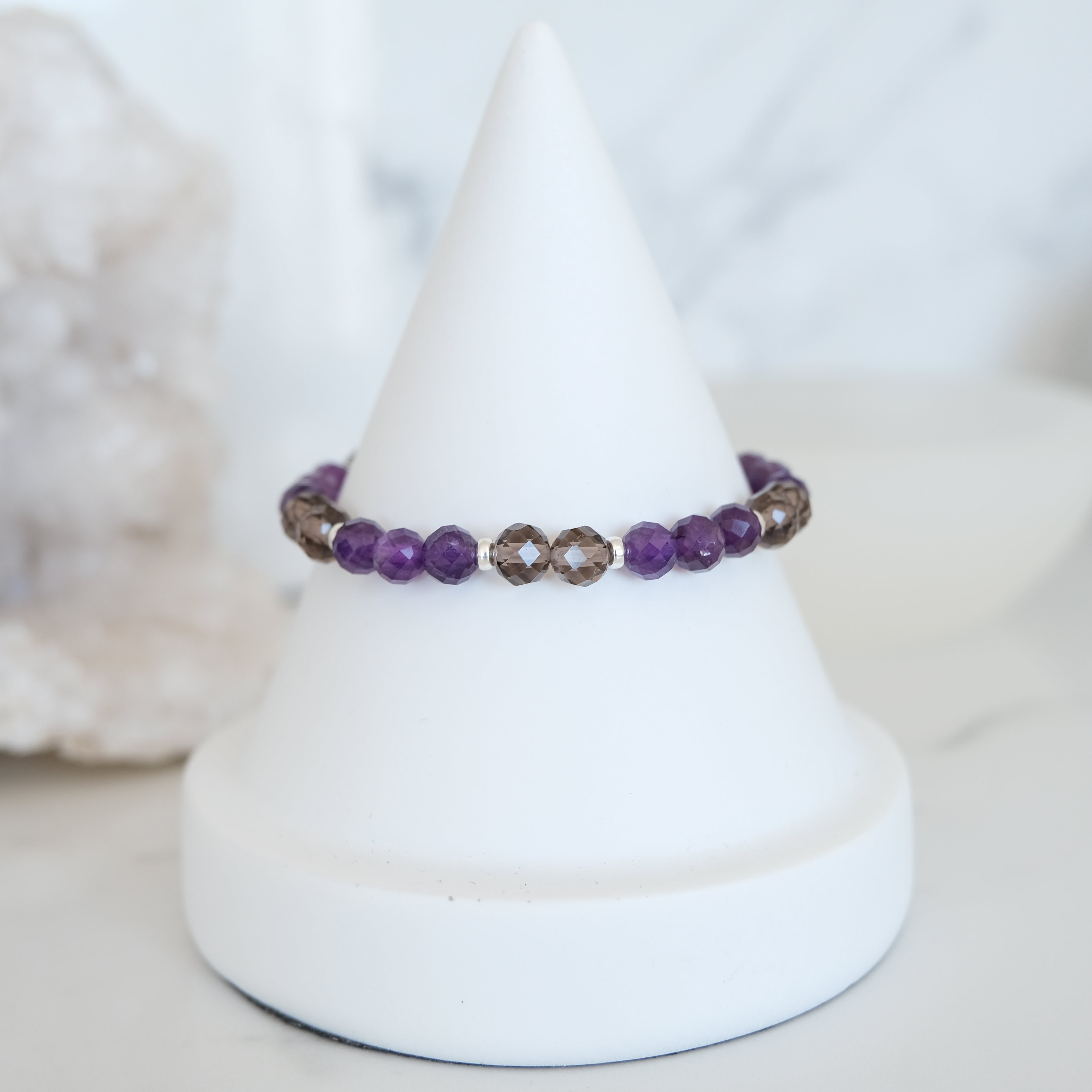 Amethyst and ice obsidian faceted crystal bracelet in silver