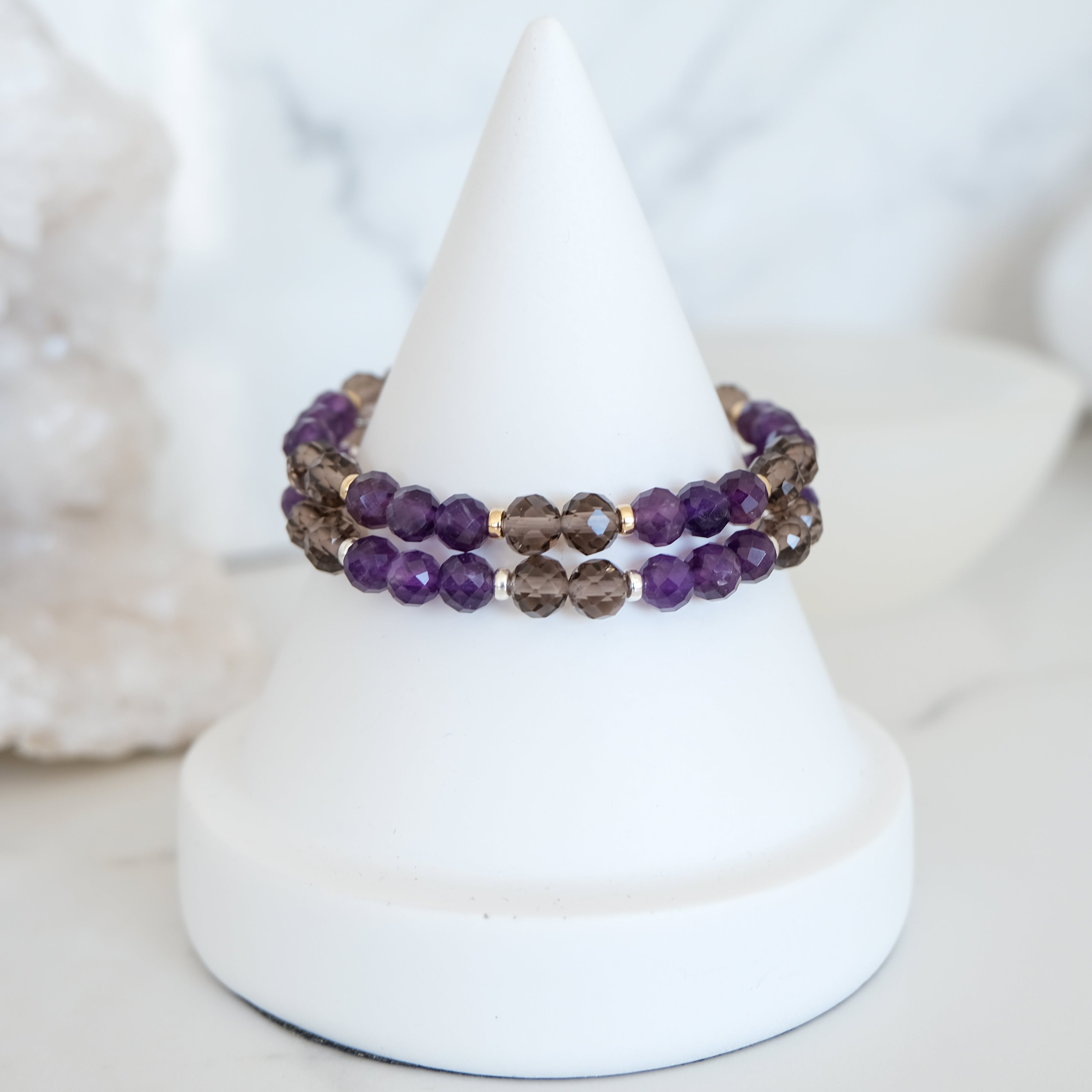 Amethyst and ice obsidian faceted crystal bracelets