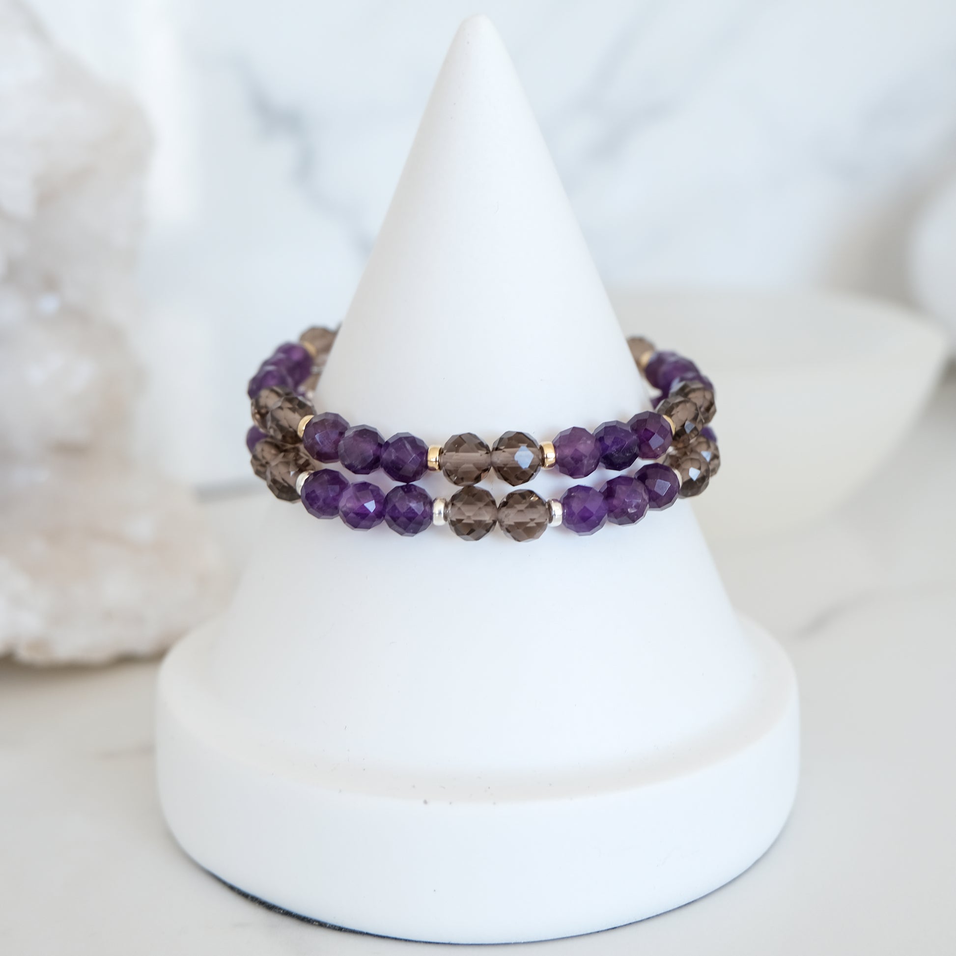 Amethyst and ice obsidian faceted crystal bracelets