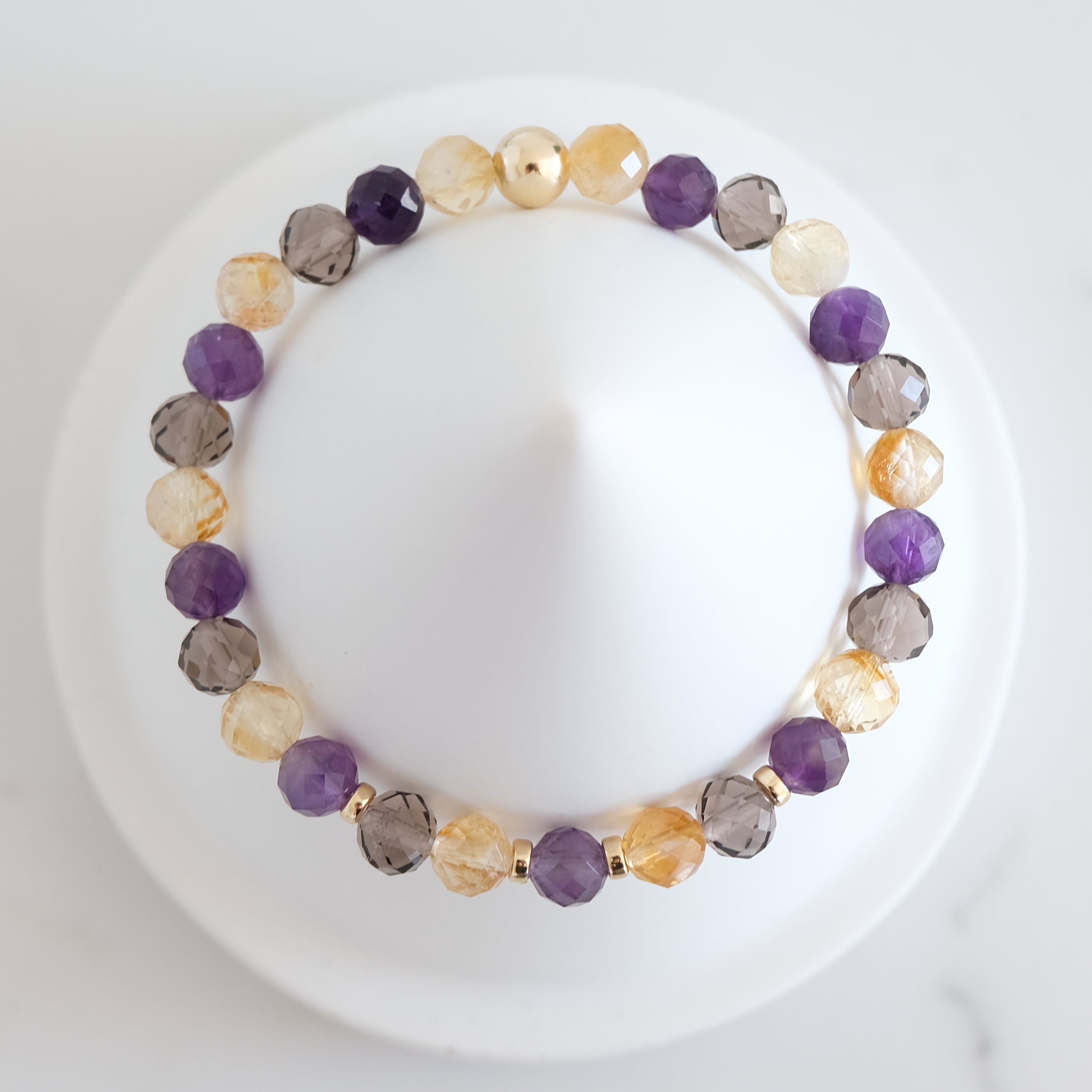 Amethyst, citrine and ice obsidian faceted crystal bracelet from above