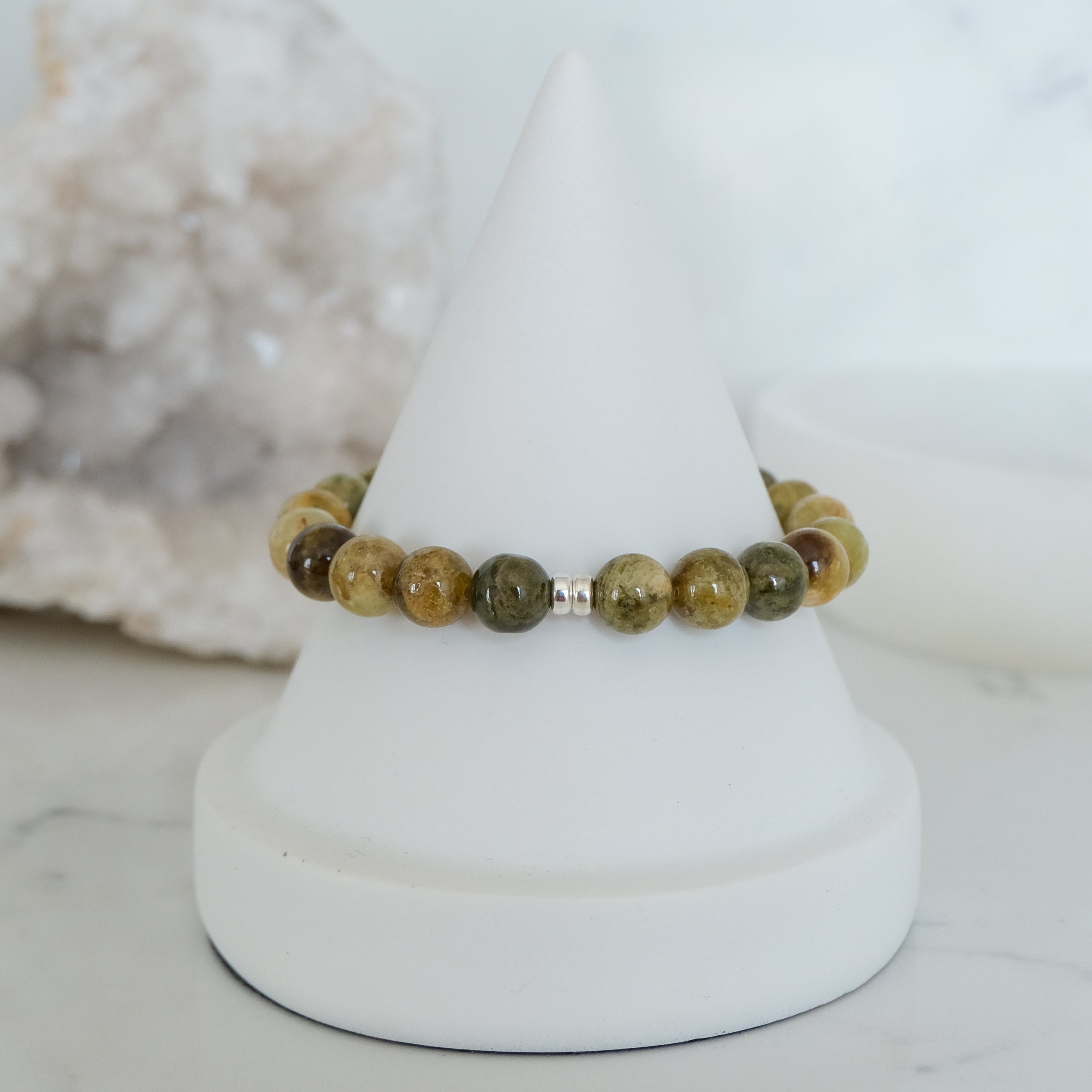 Green garnet gemstone bracelet in 8mm with silver accessories 