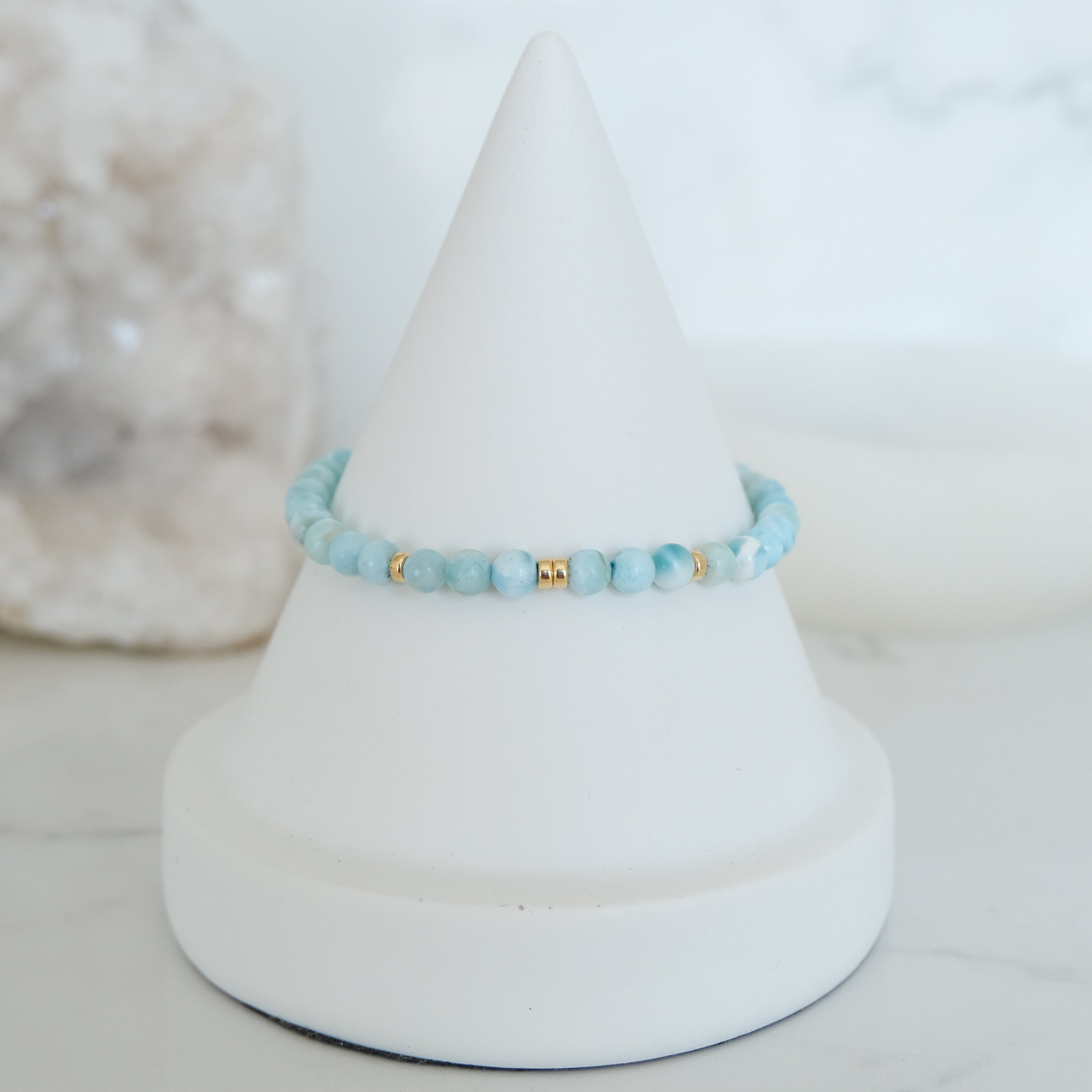 4mm larimar gemstone bracelet with gold accessories