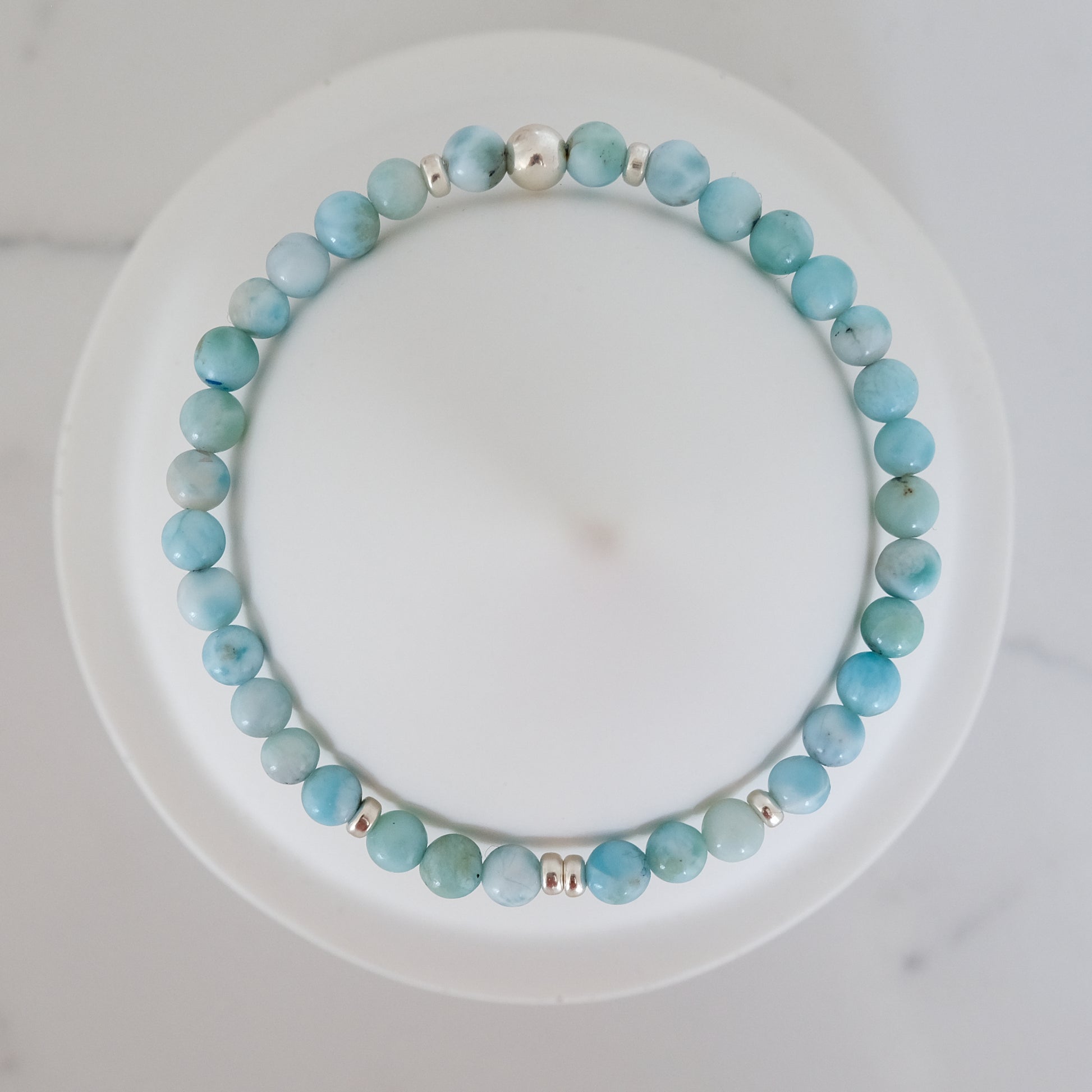 4mm larimar gemstone bracelet with silver accessories from above