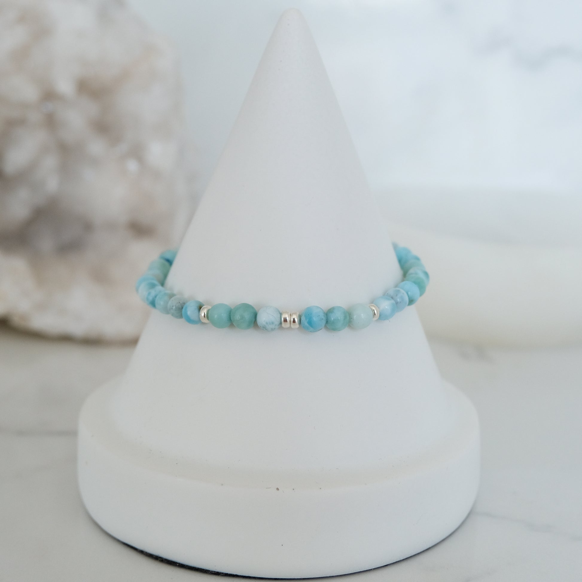 4mm larimar gemstone bracelet with silver accessories