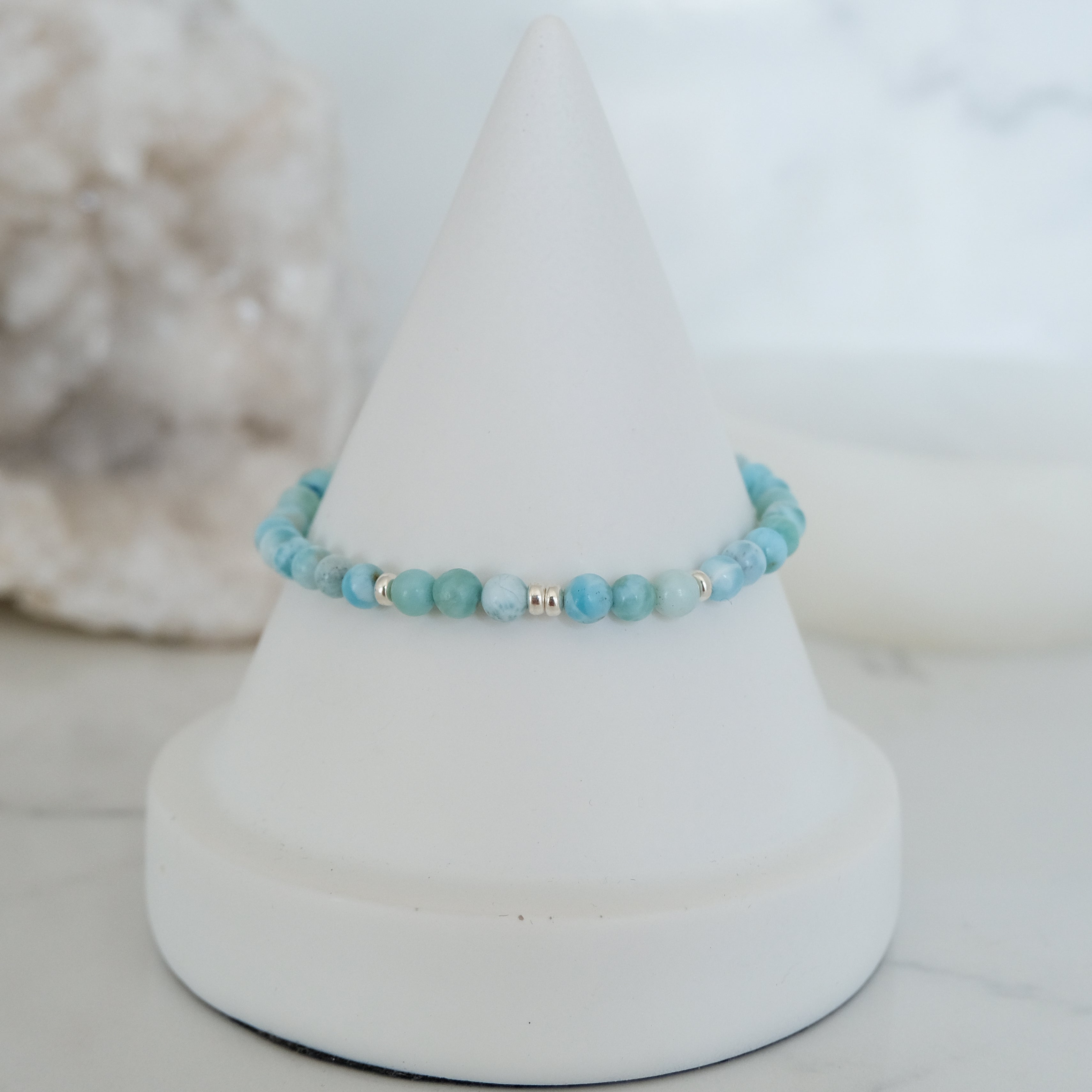 4mm larimar gemstone bracelet with silver accessories